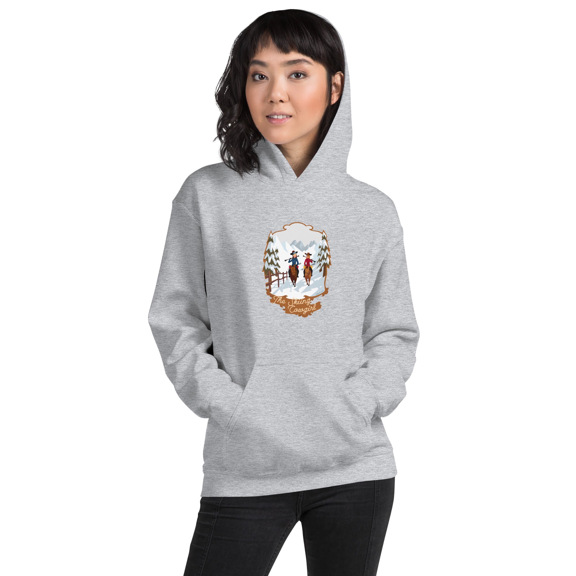 Sweat à capuche d'hiver unisexe The Skiing Cowgirl sur couleurs claires