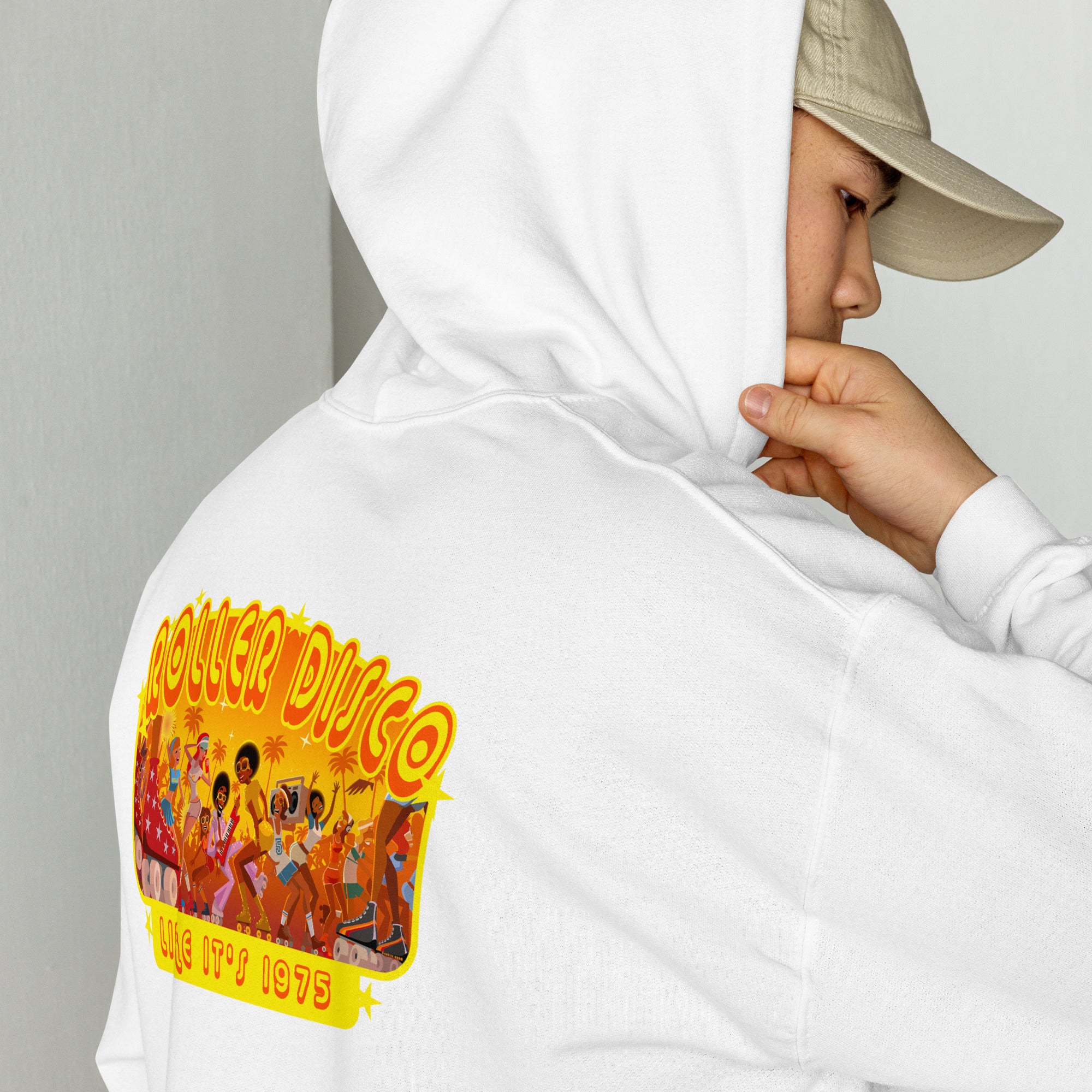 Sweat à capuche d'hiver unisexe Roller Disco 1975 sur couleurs claires (dos)