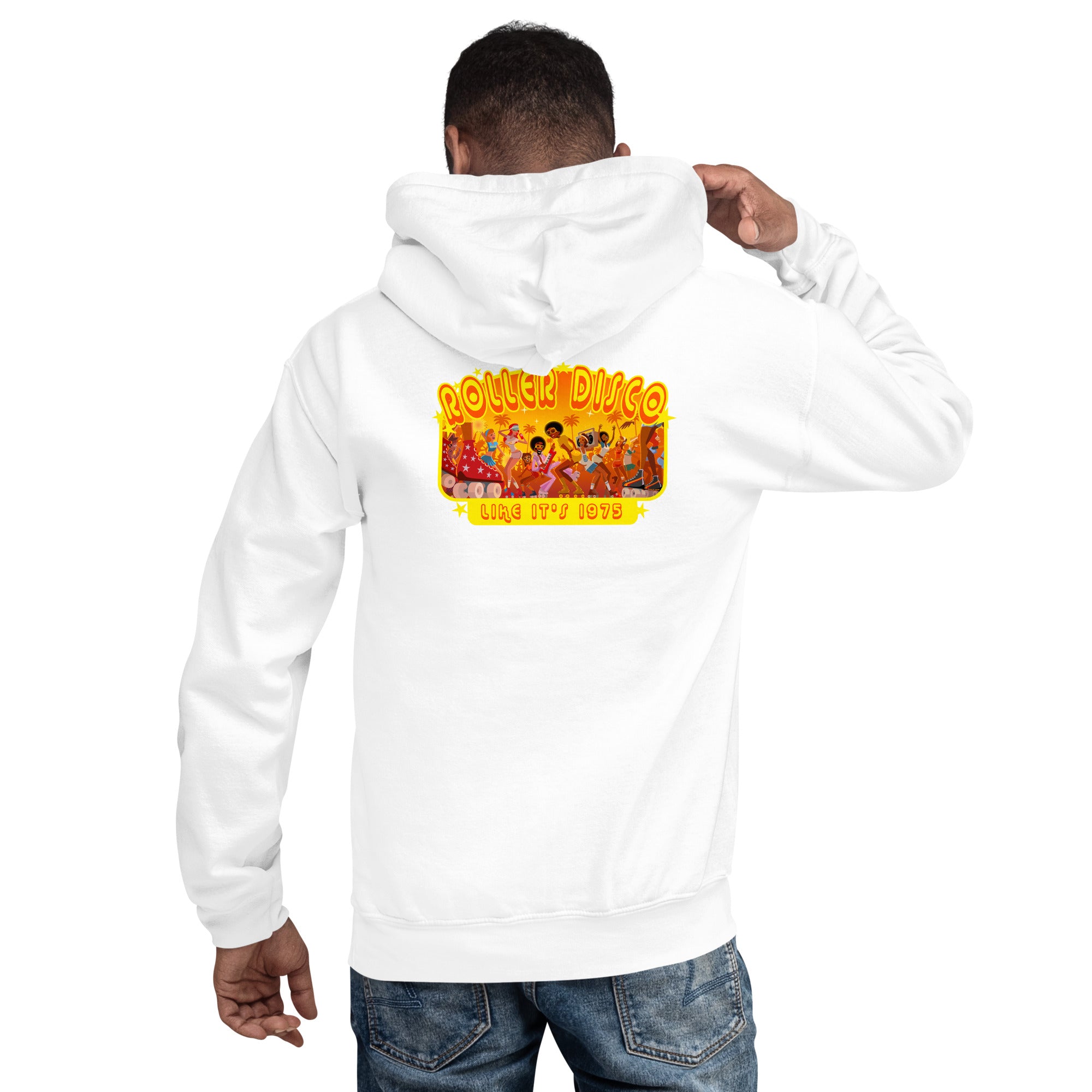 Sweat à capuche d'hiver unisexe Roller Disco 1975 sur couleurs claires (dos)