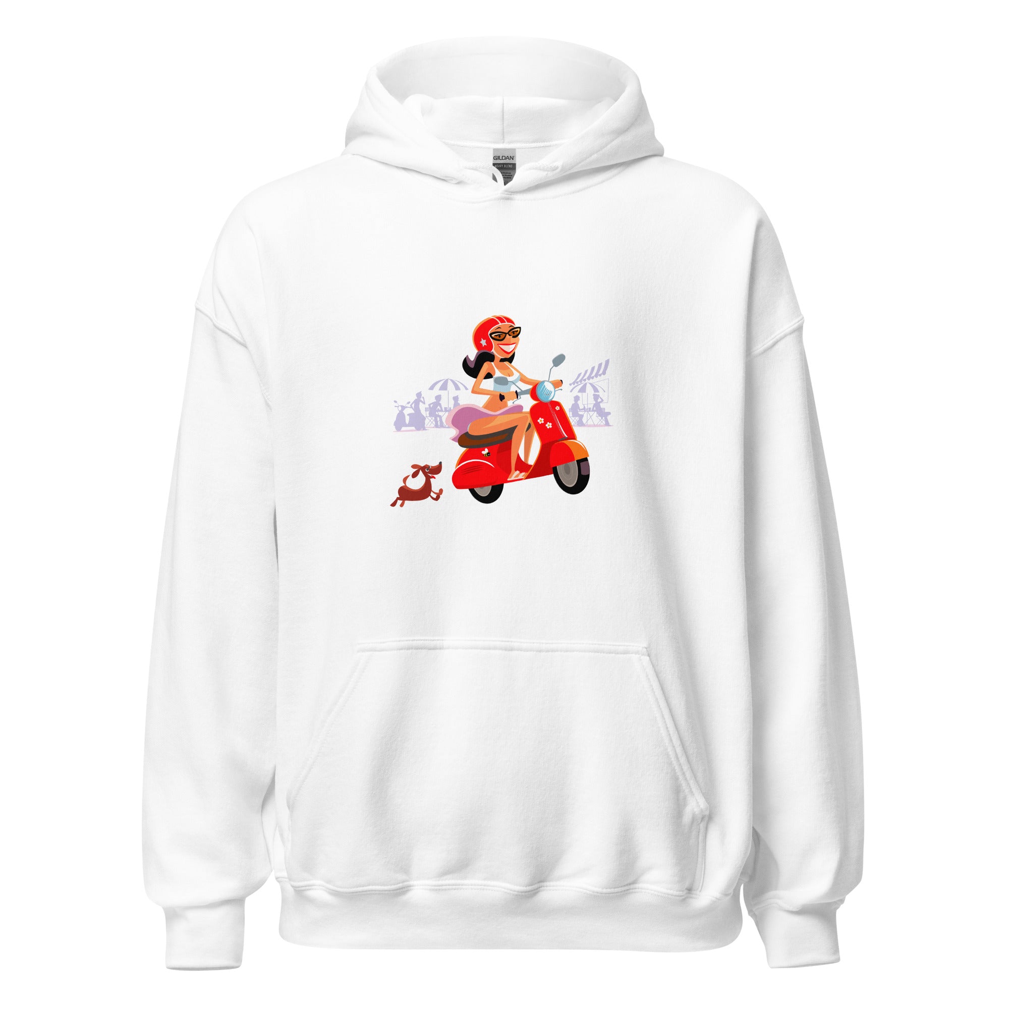 Sweat à capuche d'hiver unisexe Vespa Girl in St Tropez sur couleur claires