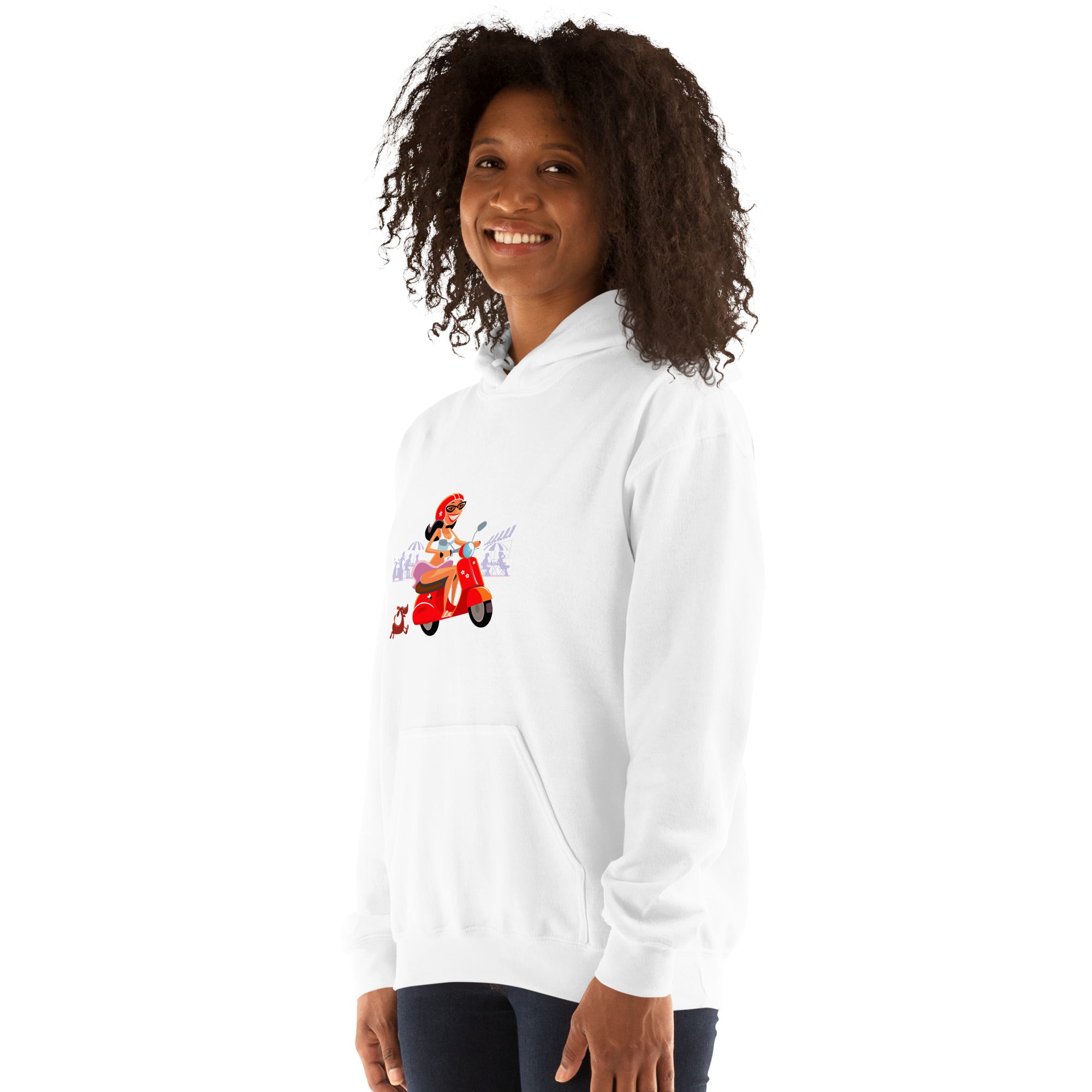 Sweat à capuche d'hiver unisexe Vespa Girl in St Tropez sur couleur claires