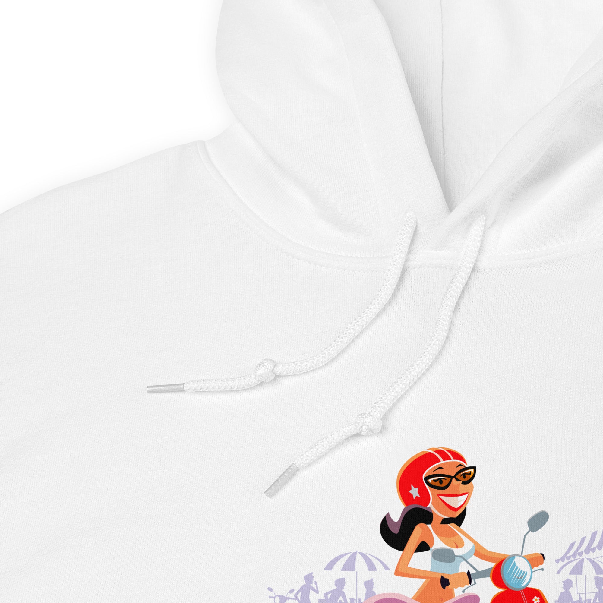 Sweat à capuche d'hiver unisexe Vespa Girl in St Tropez sur couleur claires