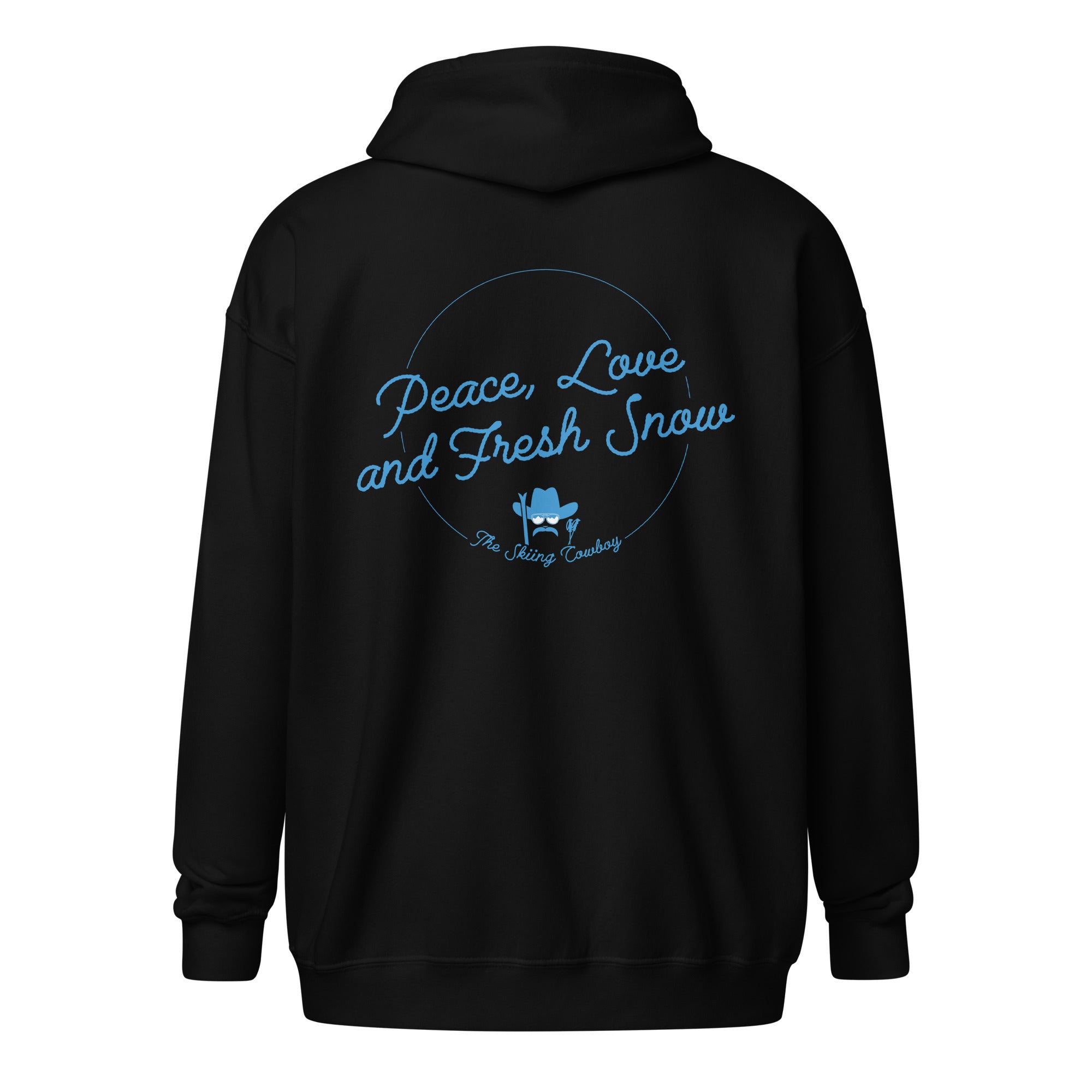 Sweat à capuche épais unisexe à fermeture éclair Peace, Love and Fresh Snow (face & dos)