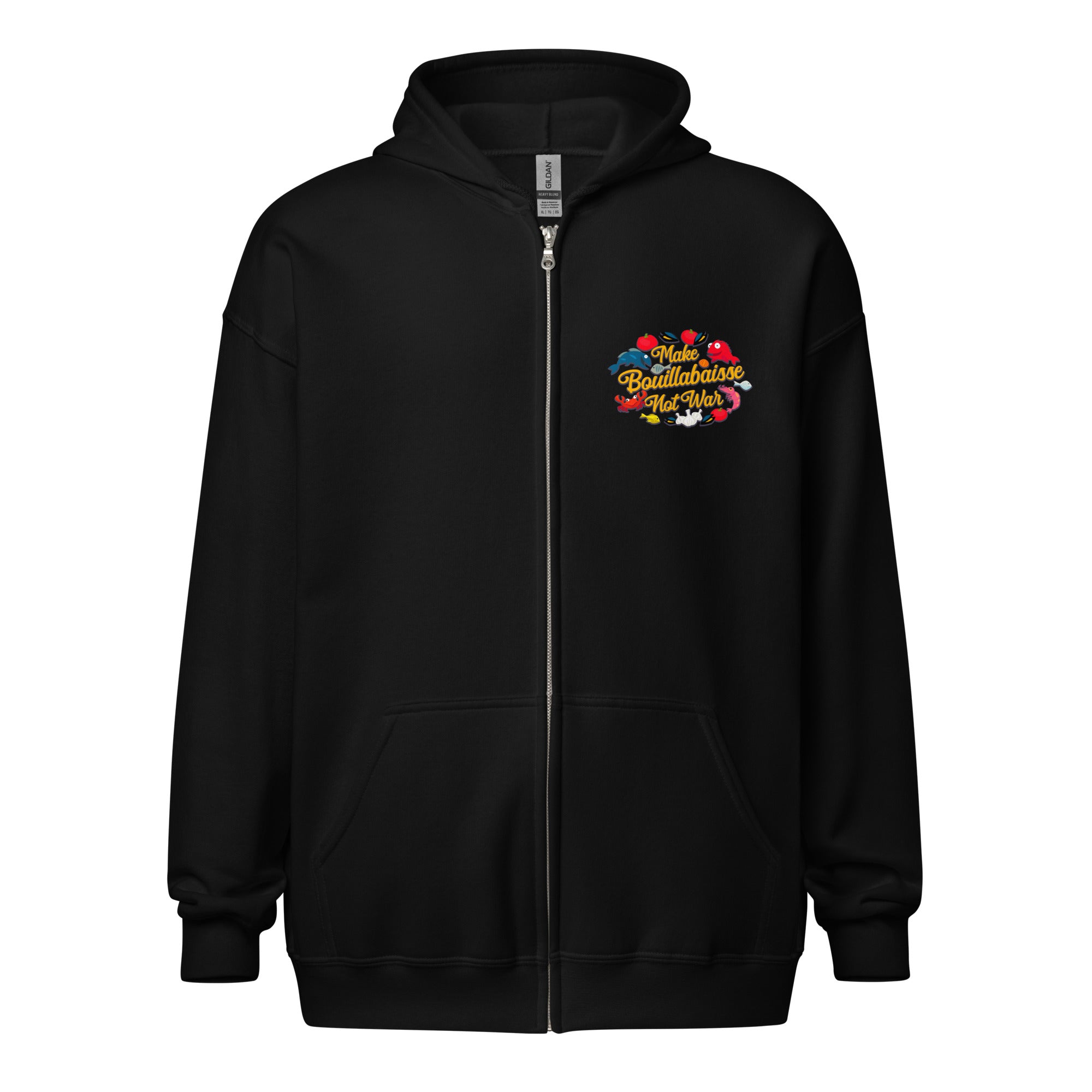 Unisex heavy blend zip hoodie Make Bouillabaisse Not War (Front & Back)