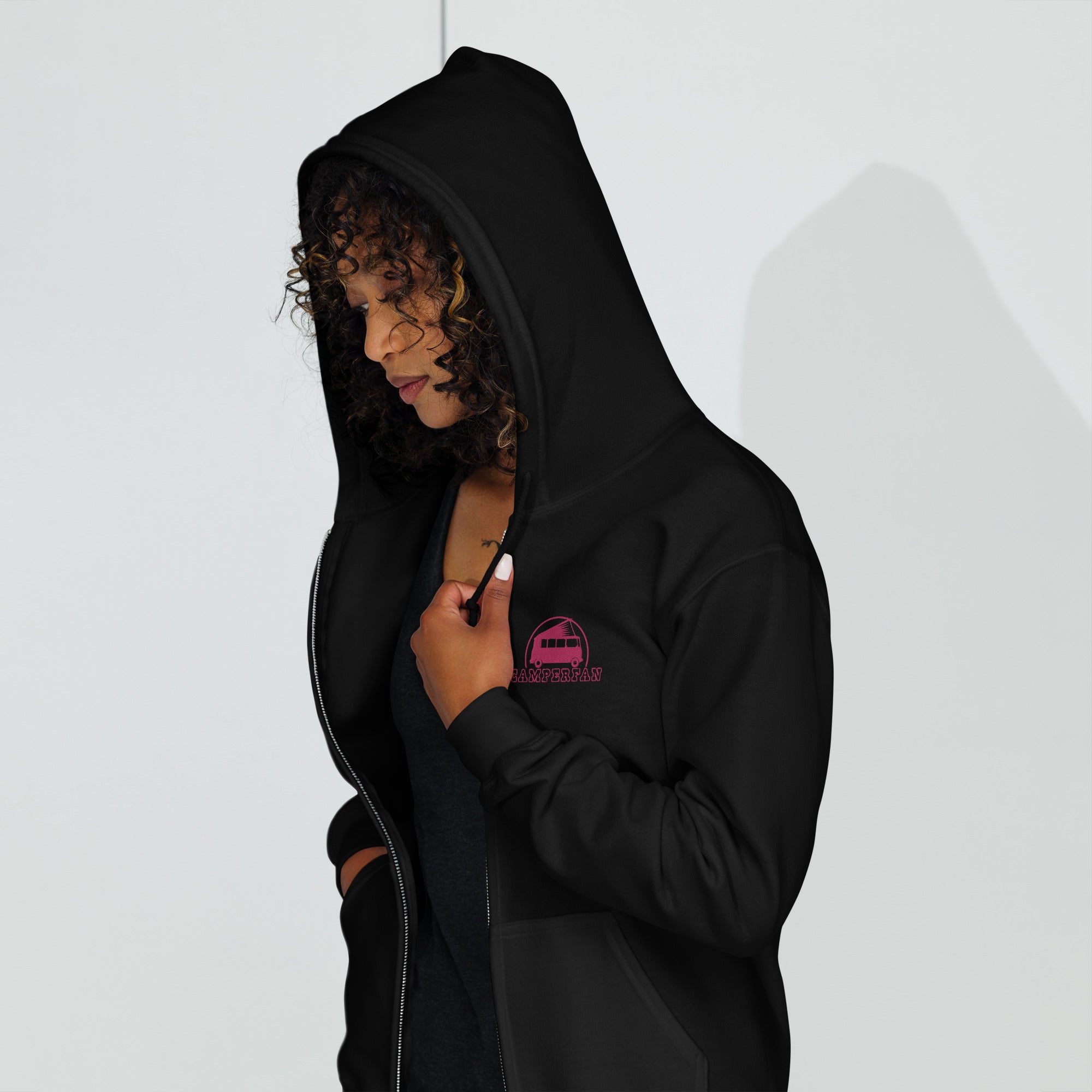 Unisex heavy blend zip hoodie Camperfan flamingo embroidered pattern