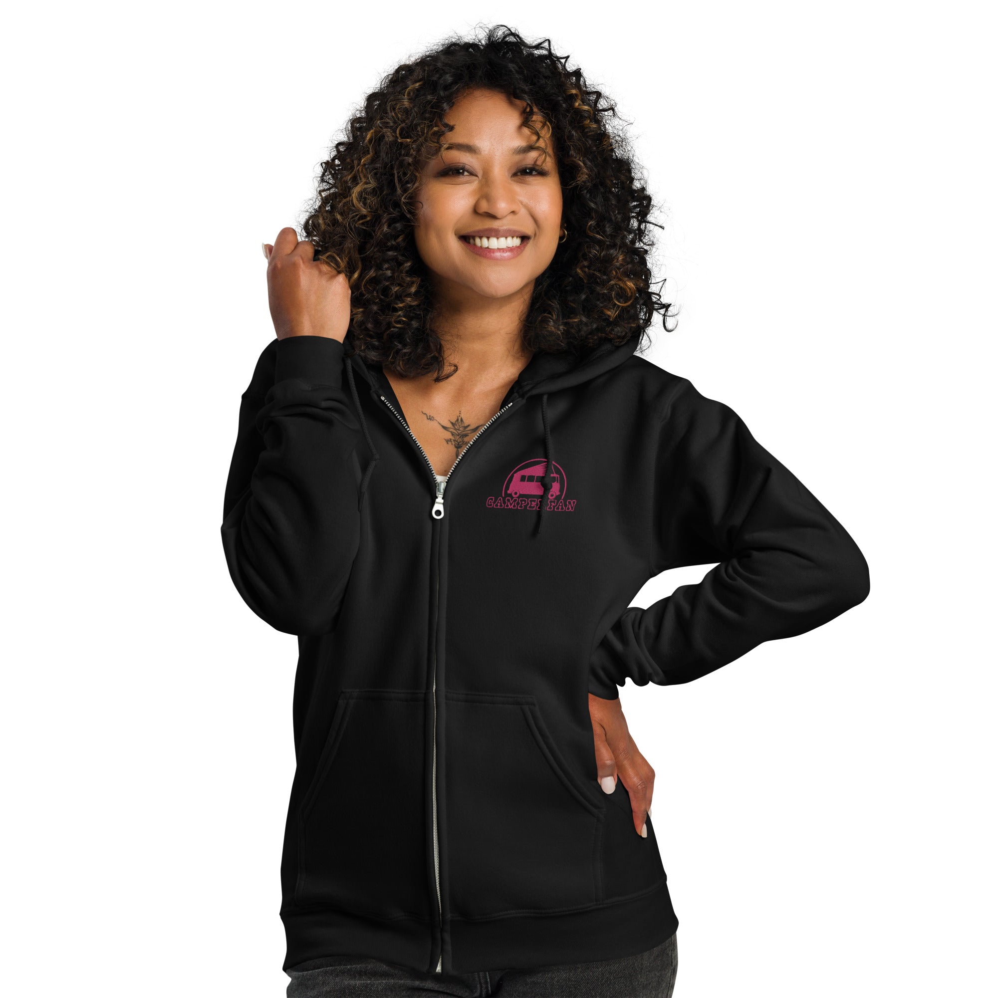 Unisex heavy blend zip hoodie Camperfan flamingo embroidered pattern