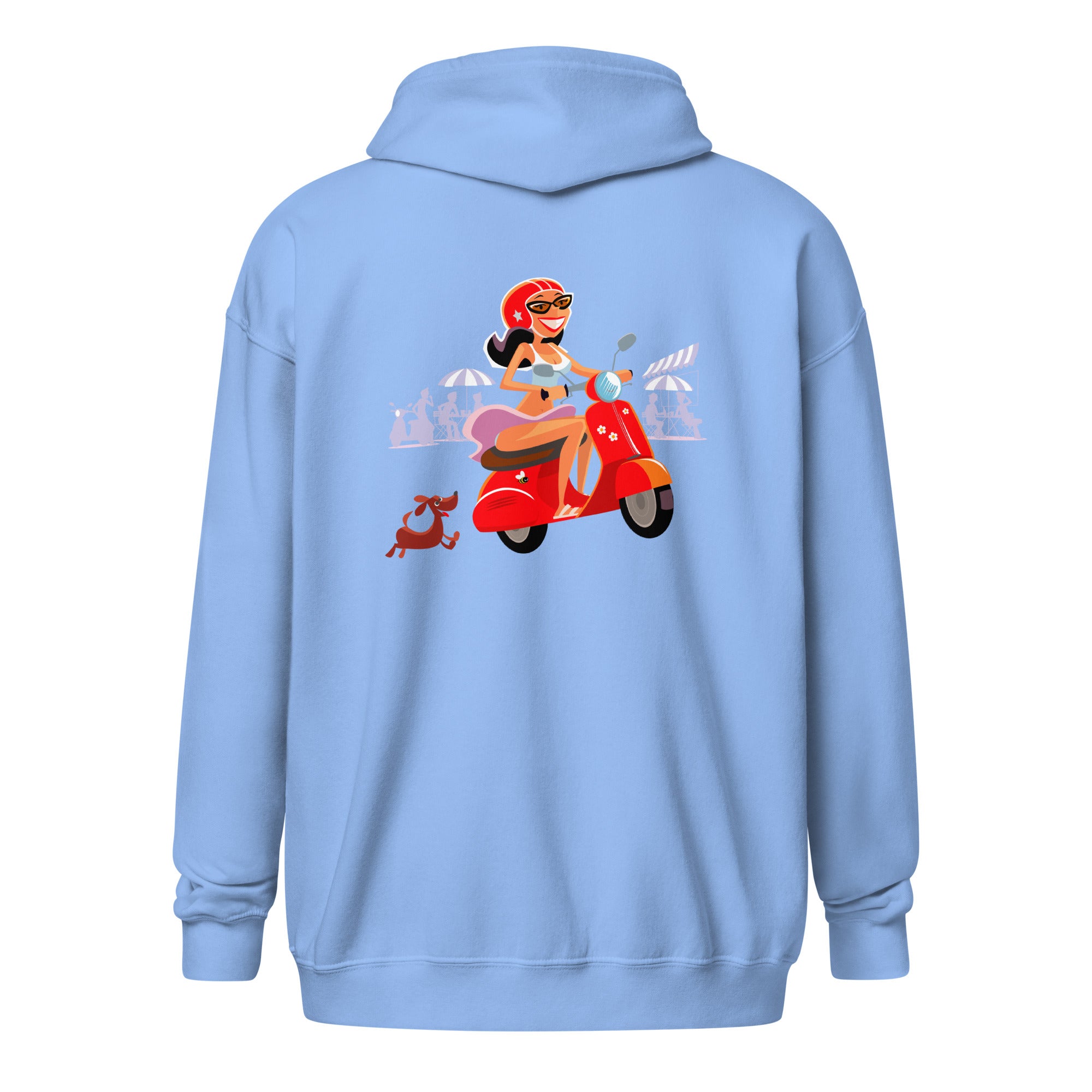 Sweat à capuche épais unisexe à fermeture éclair Vespa Girl in St Tropez (face & dos)