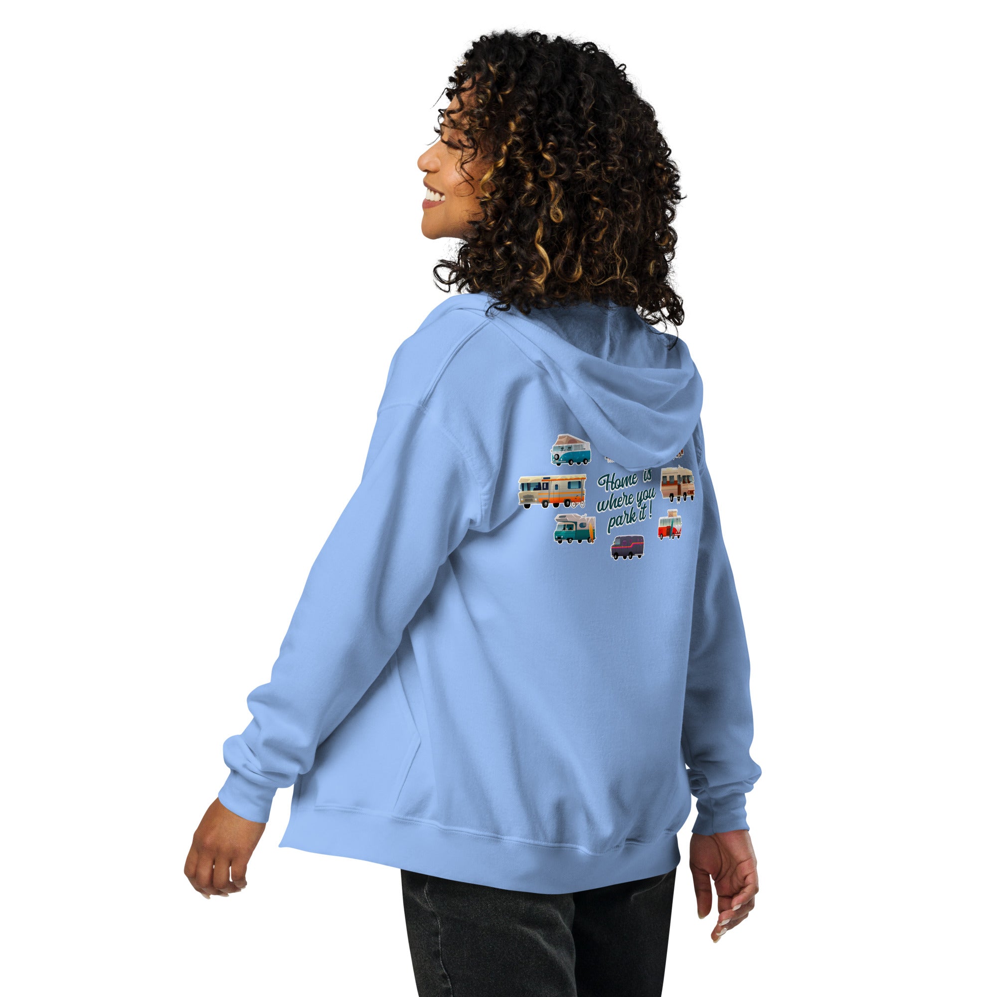 Unisex heavy blend zip hoodie Square Vintage Campers Home is where you park it navy embroidered pattern