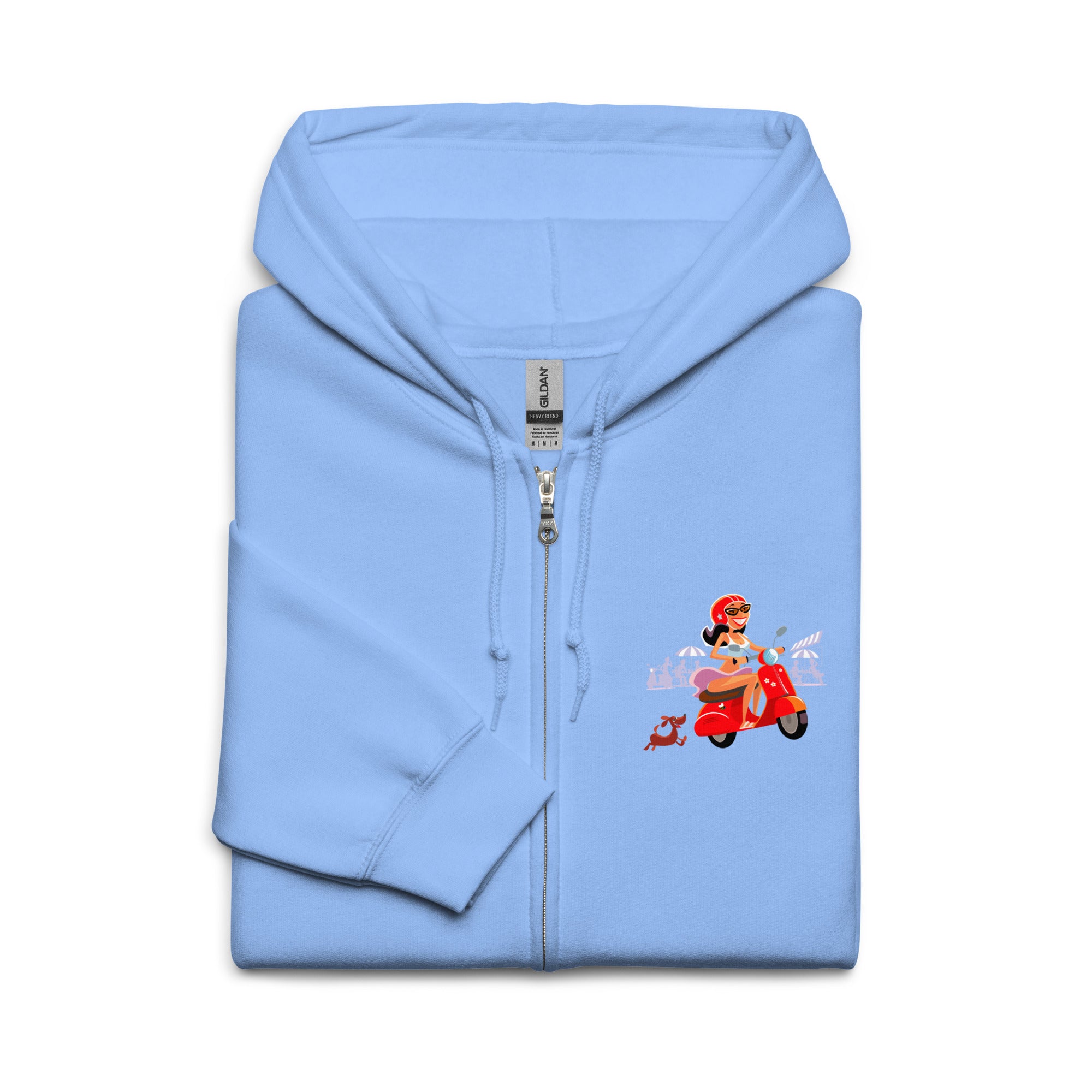 Sweat à capuche épais unisexe à fermeture éclair Vespa Girl in St Tropez (face & dos)