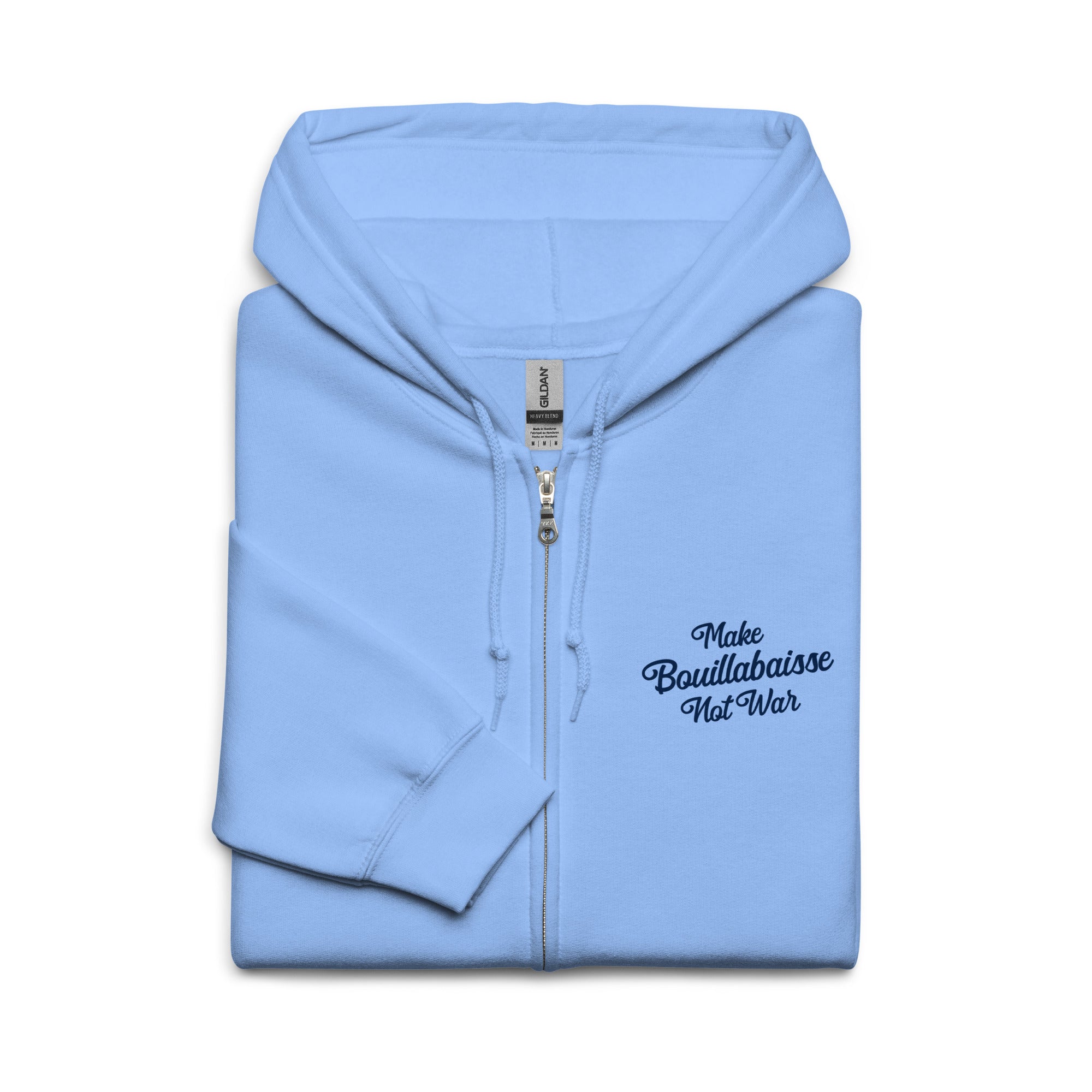 Sweat à capuche épais unisexe à fermeture éclair Make Bouillabaisse Not War Navy Text Only (face & dos)