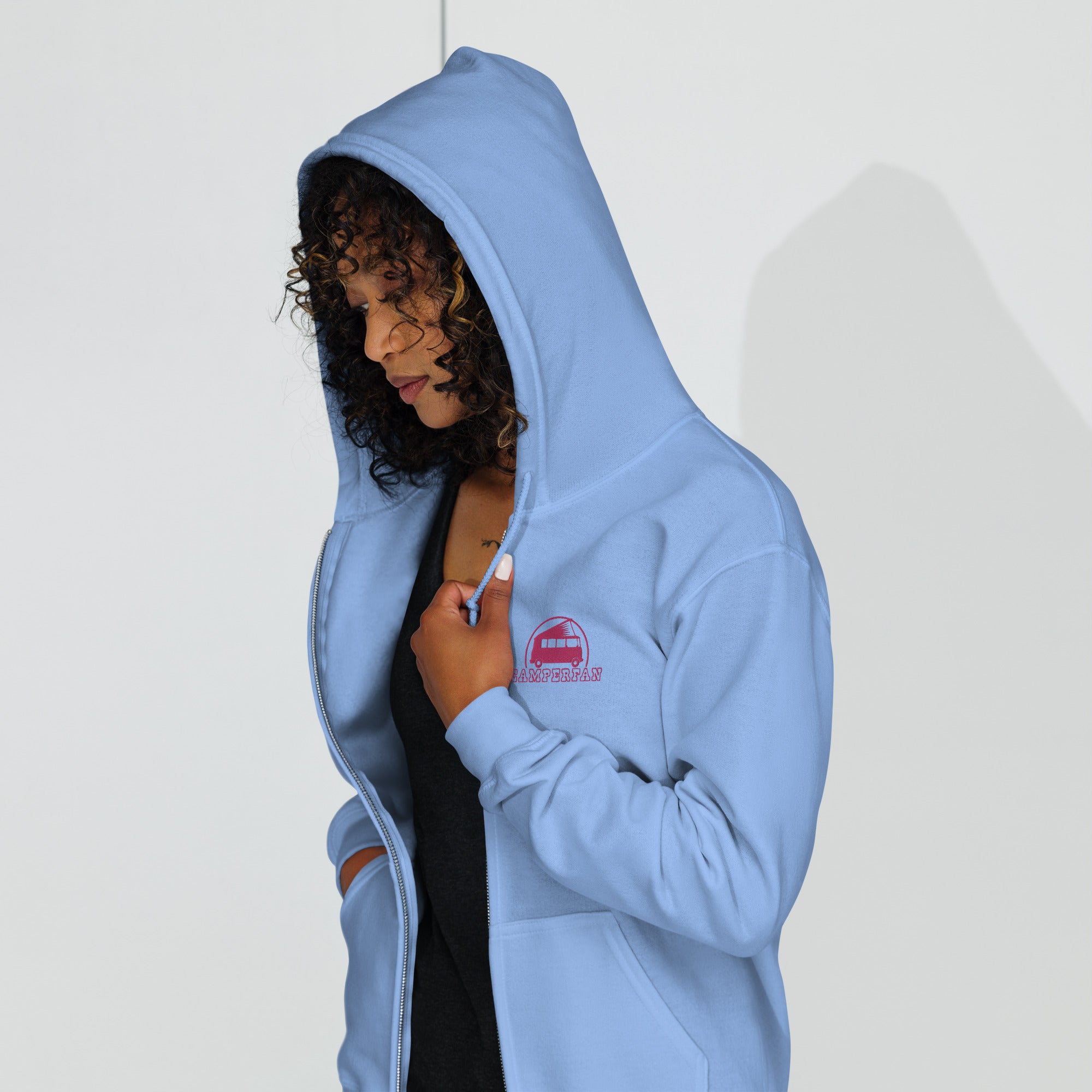 Unisex heavy blend zip hoodie Camperfan flamingo embroidered pattern