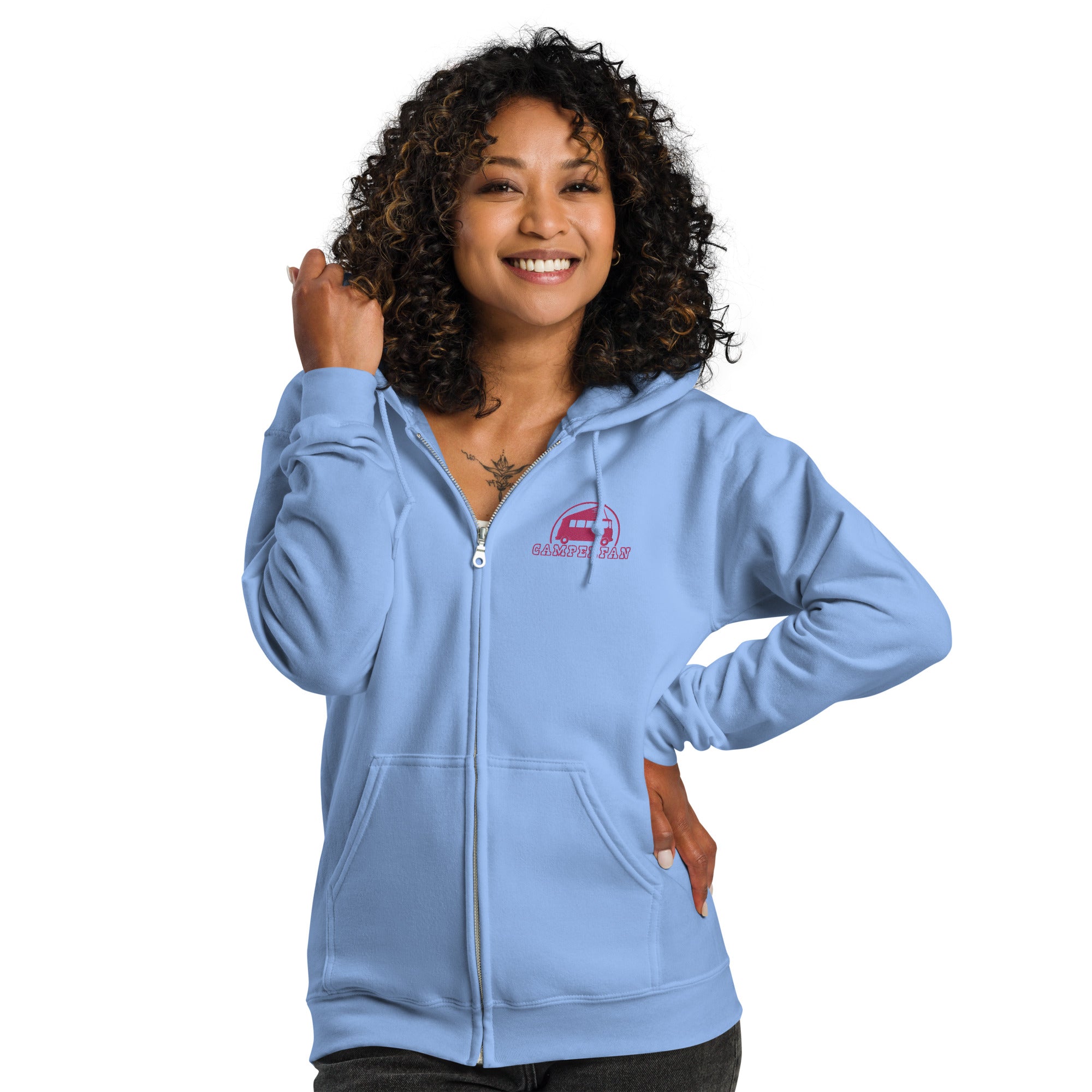 Unisex heavy blend zip hoodie Camperfan flamingo embroidered pattern