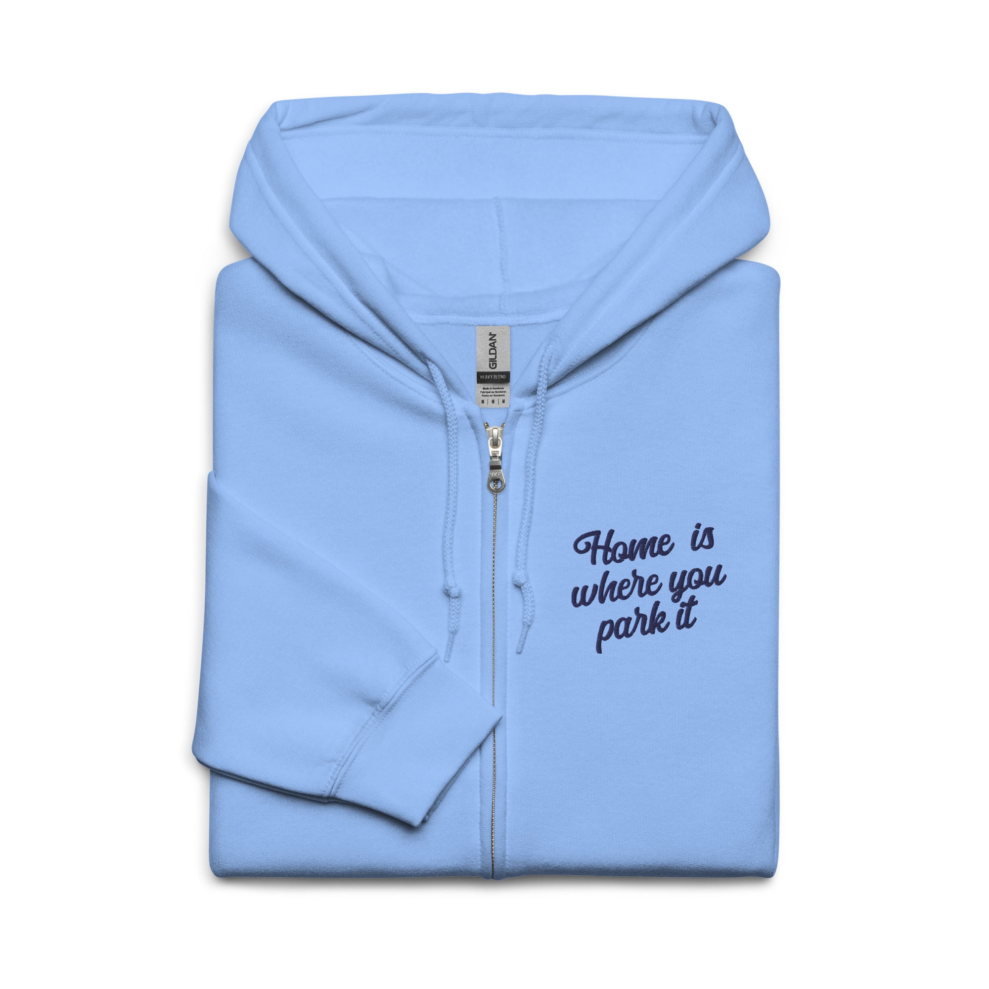 Unisex heavy blend zip hoodie Square Vintage Campers Home is where you park it navy embroidered pattern