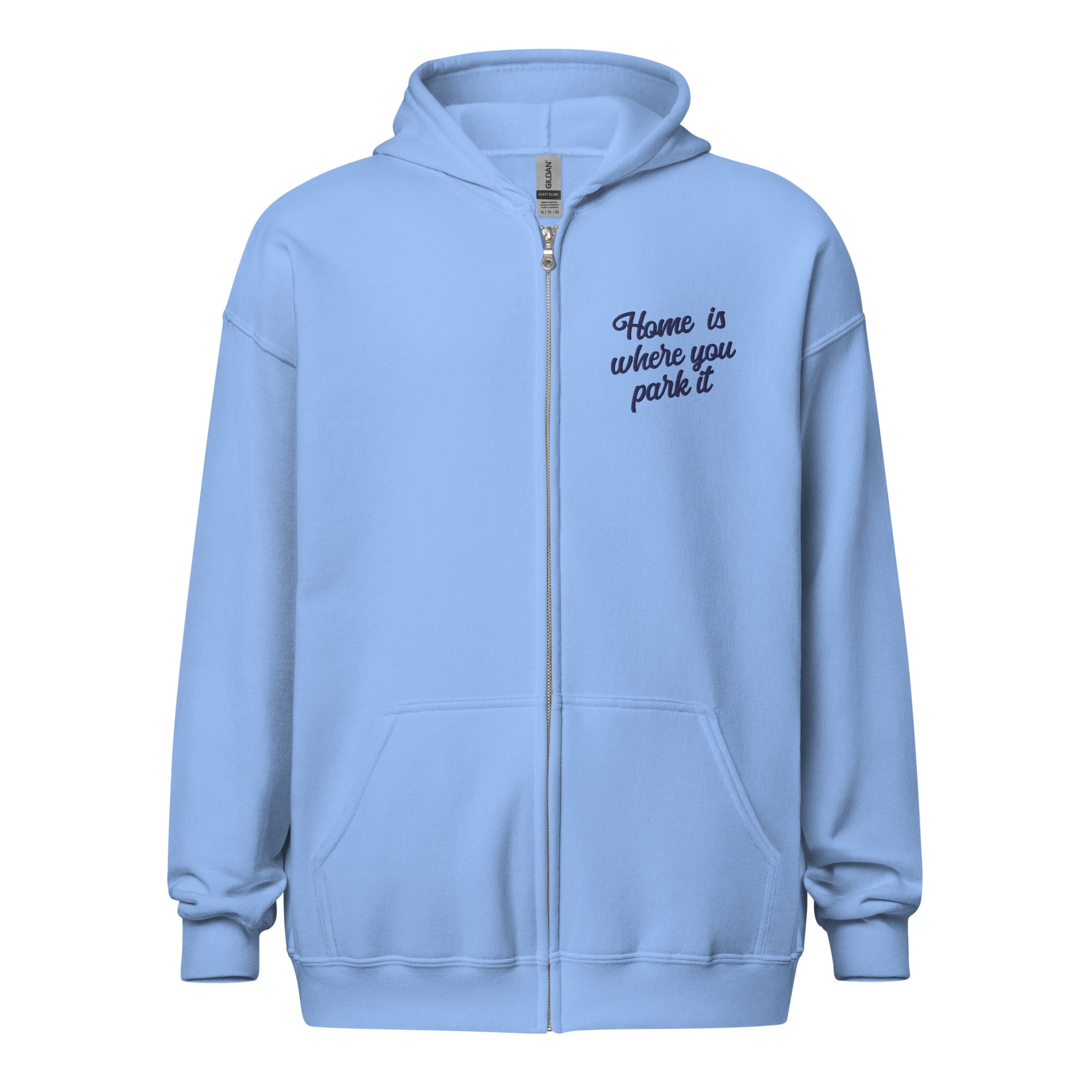 Unisex heavy blend zip hoodie Square Vintage Campers Home is where you park it navy embroidered pattern
