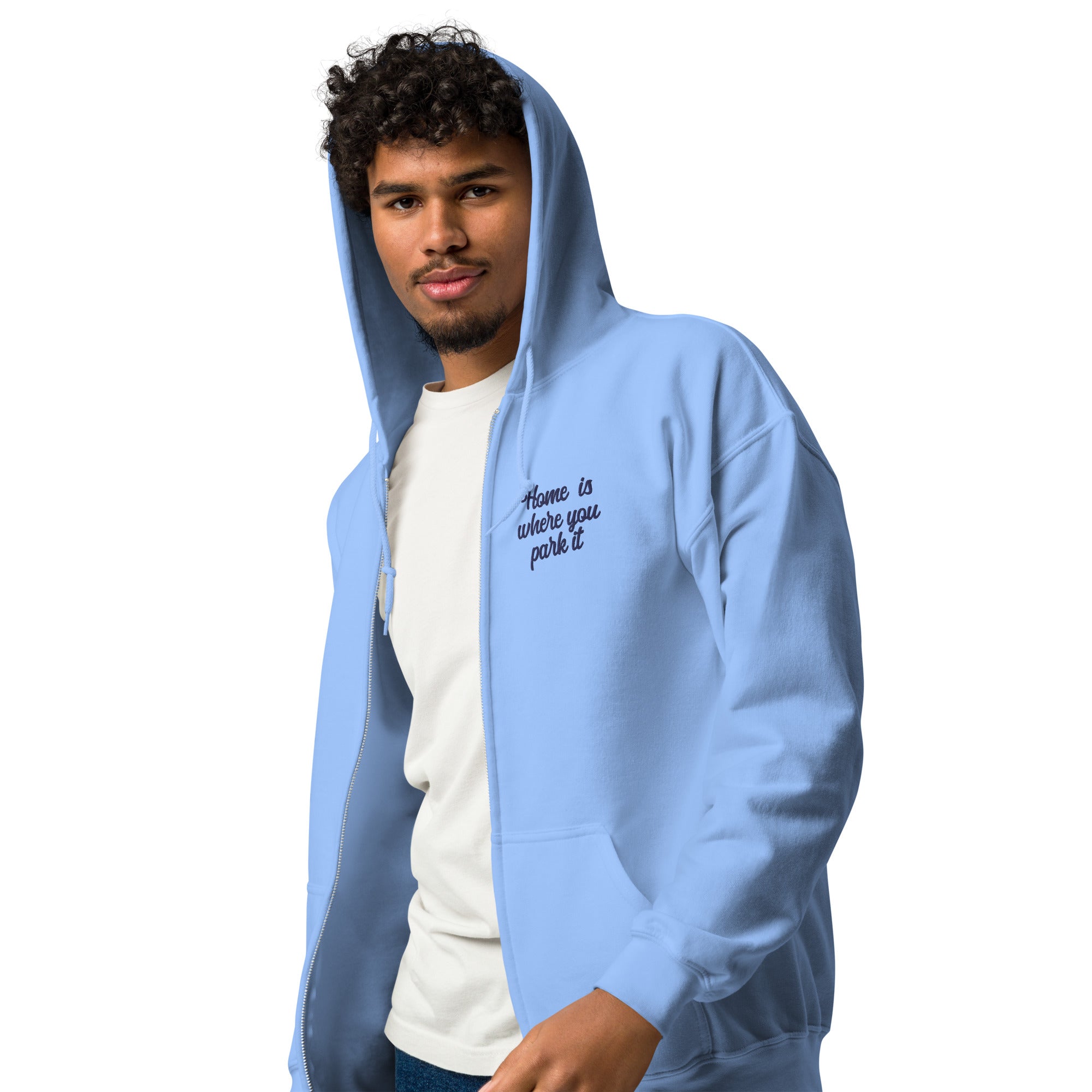 Unisex heavy blend zip hoodie Square Vintage Campers Home is where you park it navy embroidered pattern