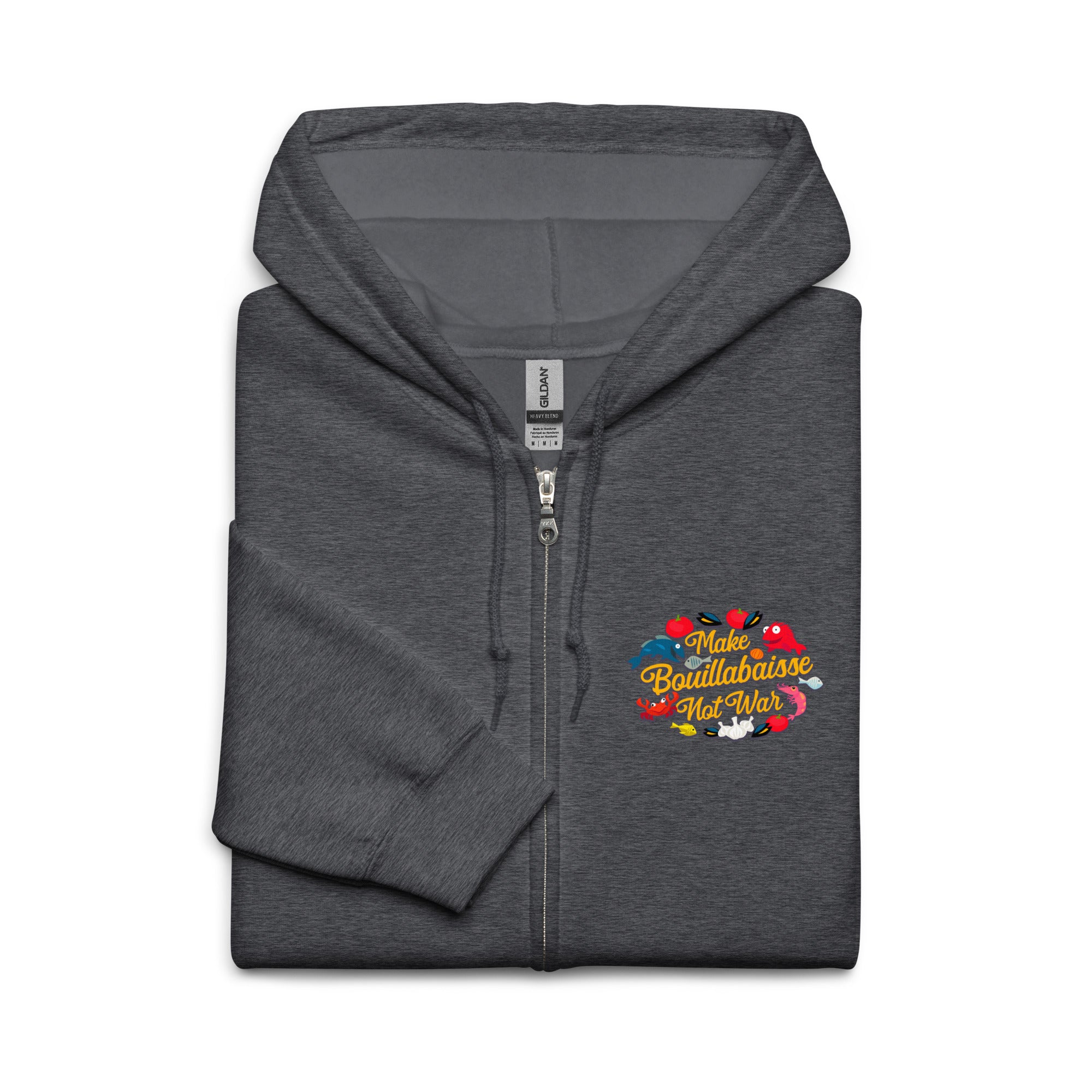 Unisex heavy blend zip hoodie Make Bouillabaisse Not War (Front & Back)