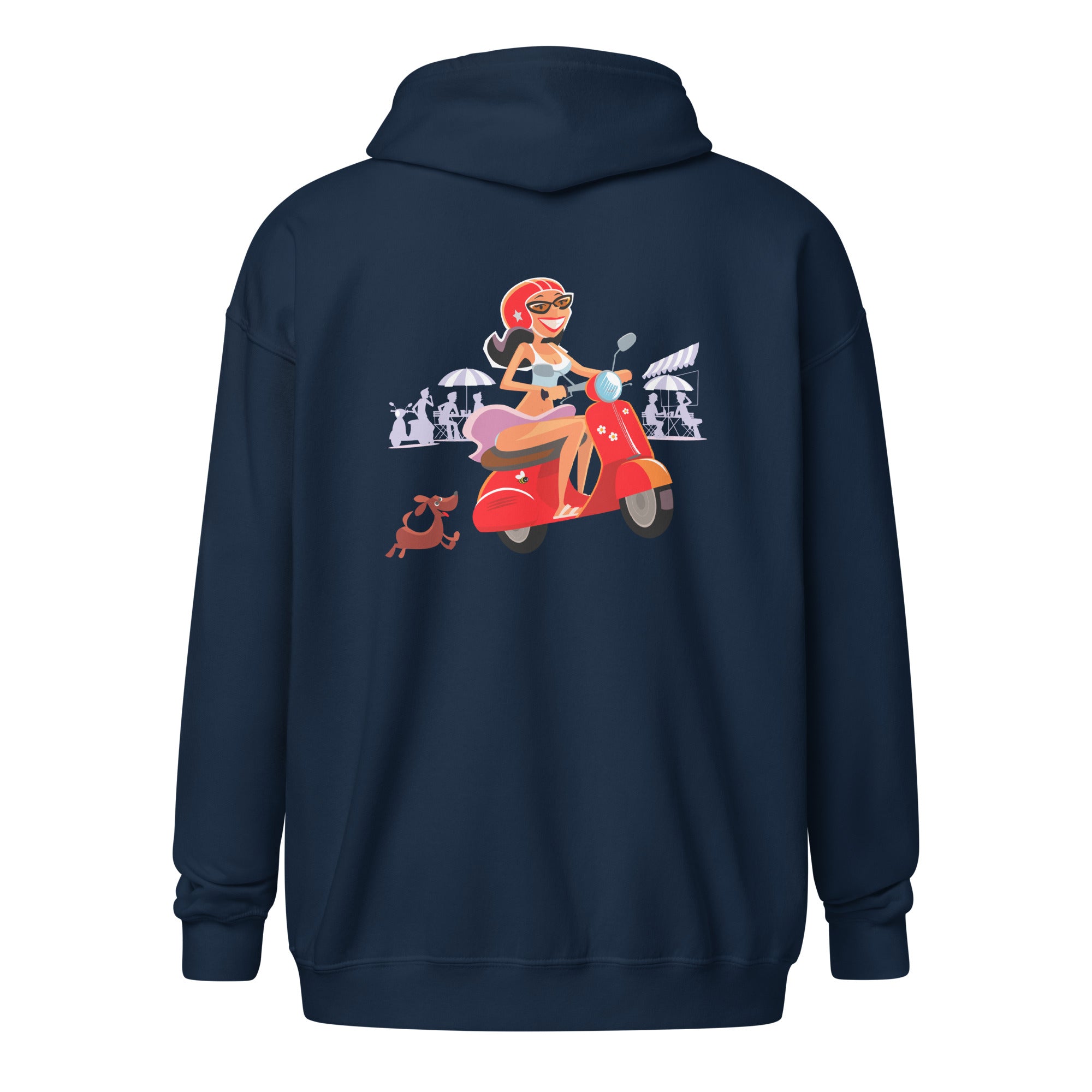 Sweat à capuche épais unisexe à fermeture éclair Vespa Girl in St Tropez (face & dos)