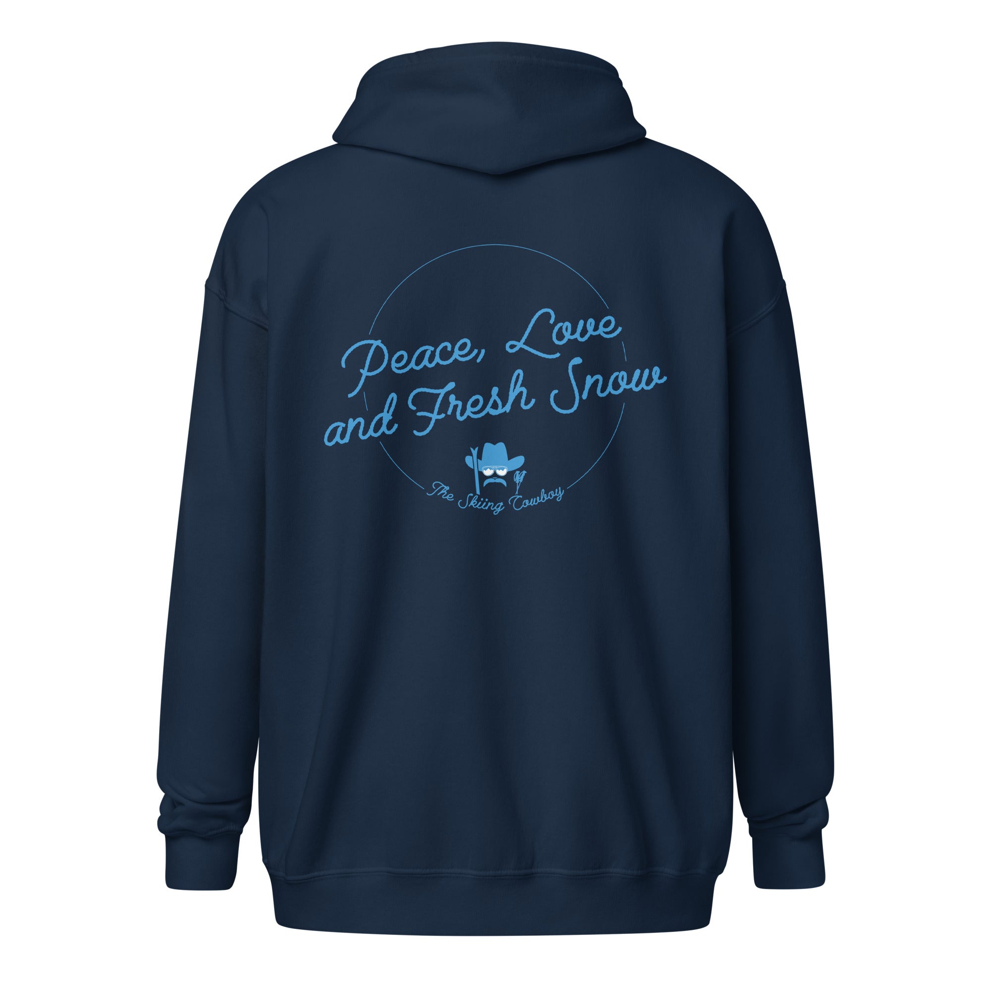 Sweat à capuche épais unisexe à fermeture éclair Peace, Love and Fresh Snow (face & dos)