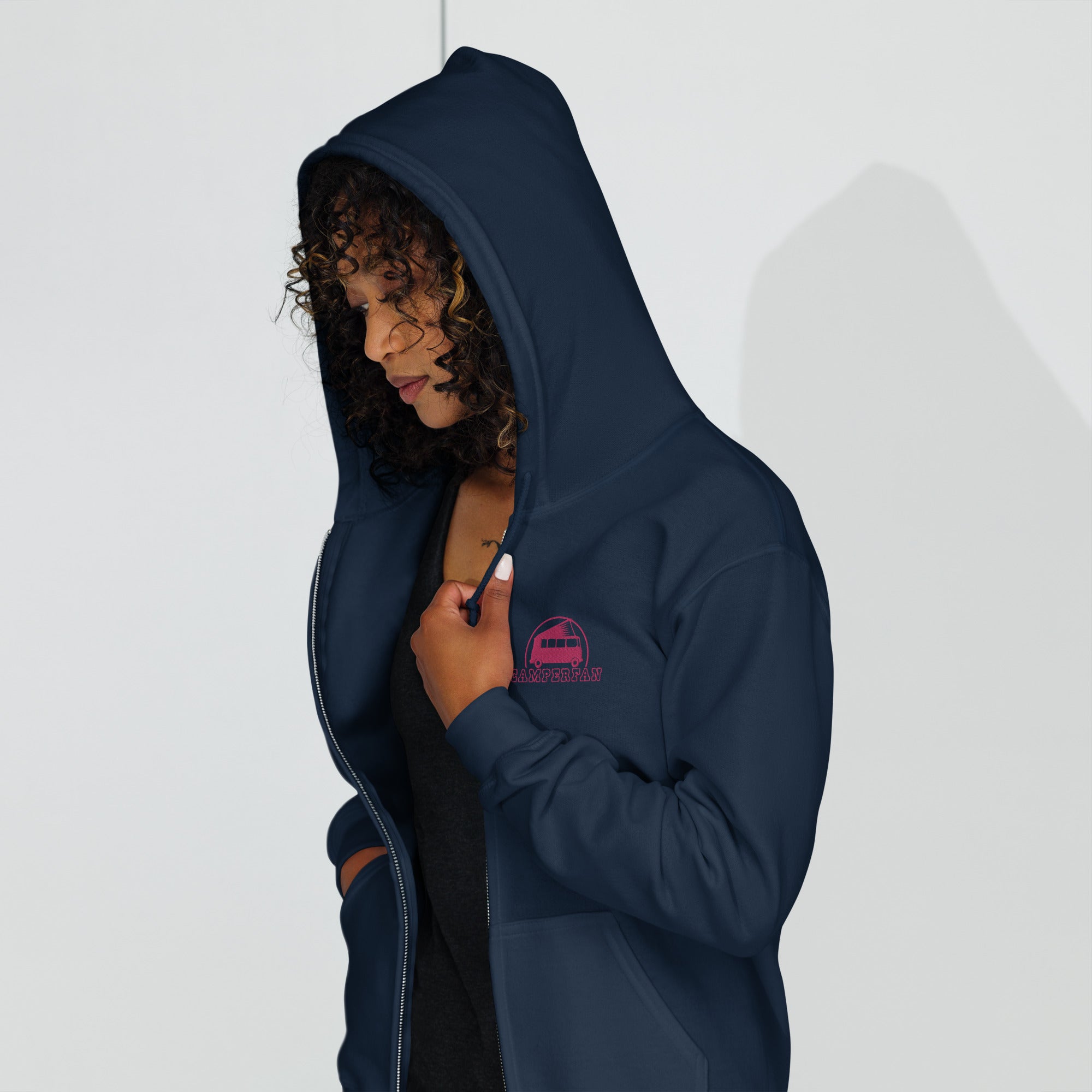 Unisex heavy blend zip hoodie Camperfan flamingo embroidered pattern