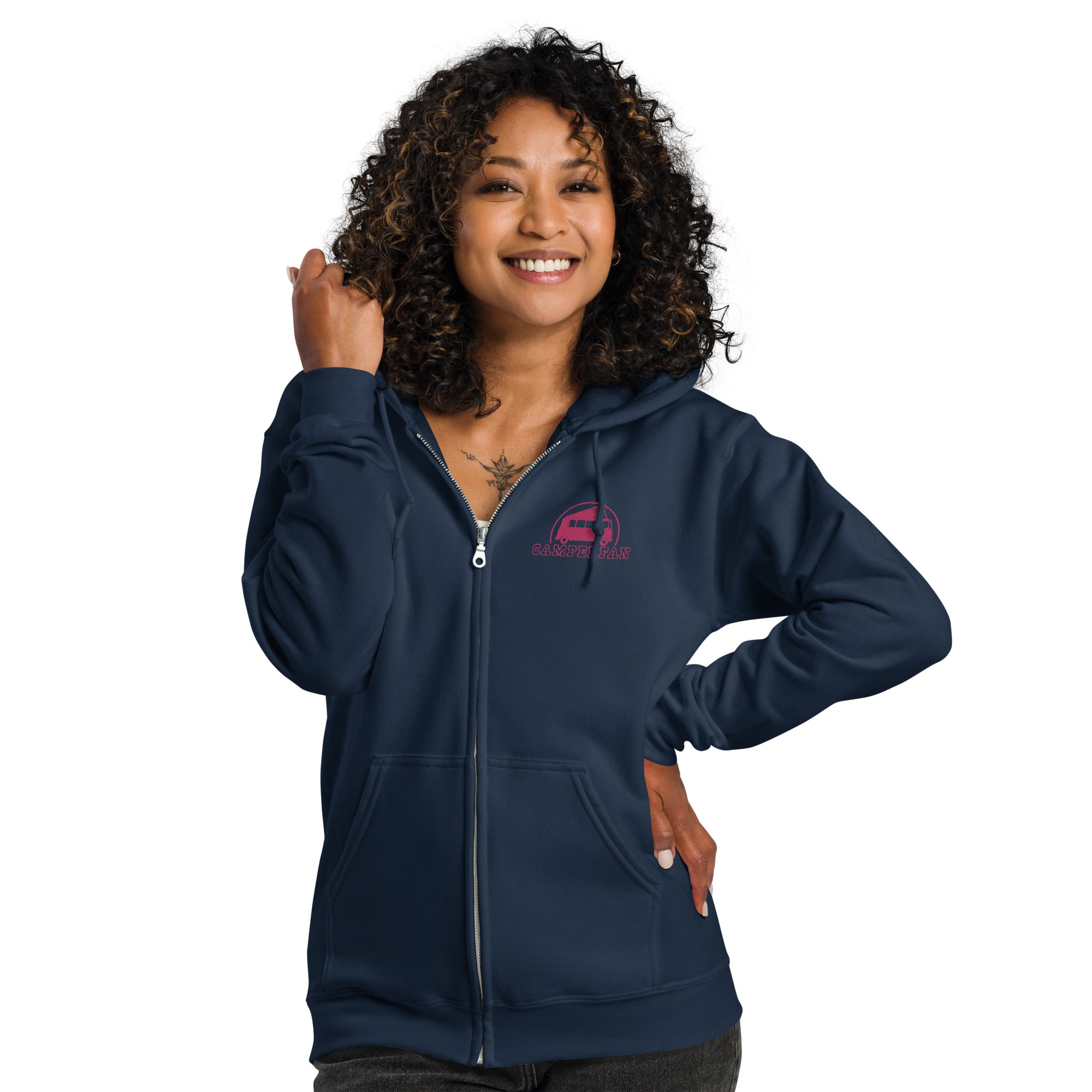 Unisex heavy blend zip hoodie Camperfan flamingo embroidered pattern