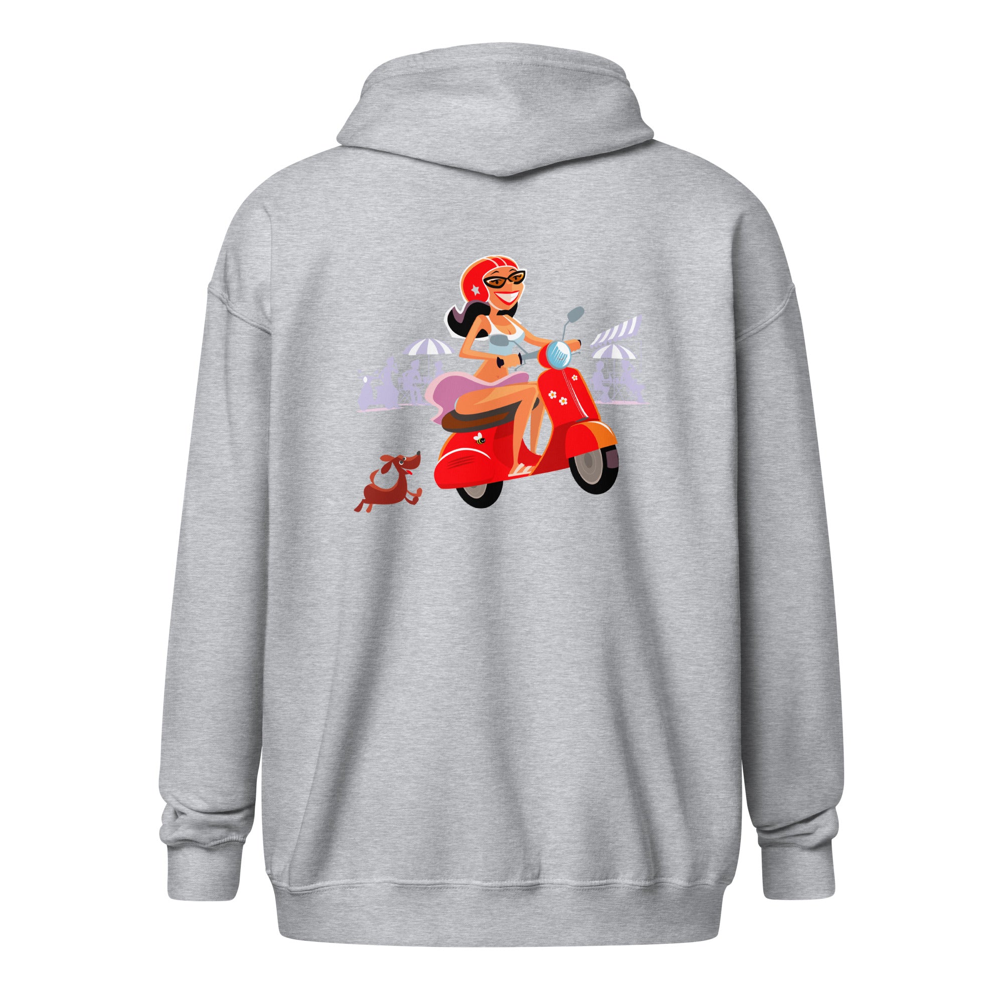 Sweat à capuche épais unisexe à fermeture éclair Vespa Girl in St Tropez (face & dos)