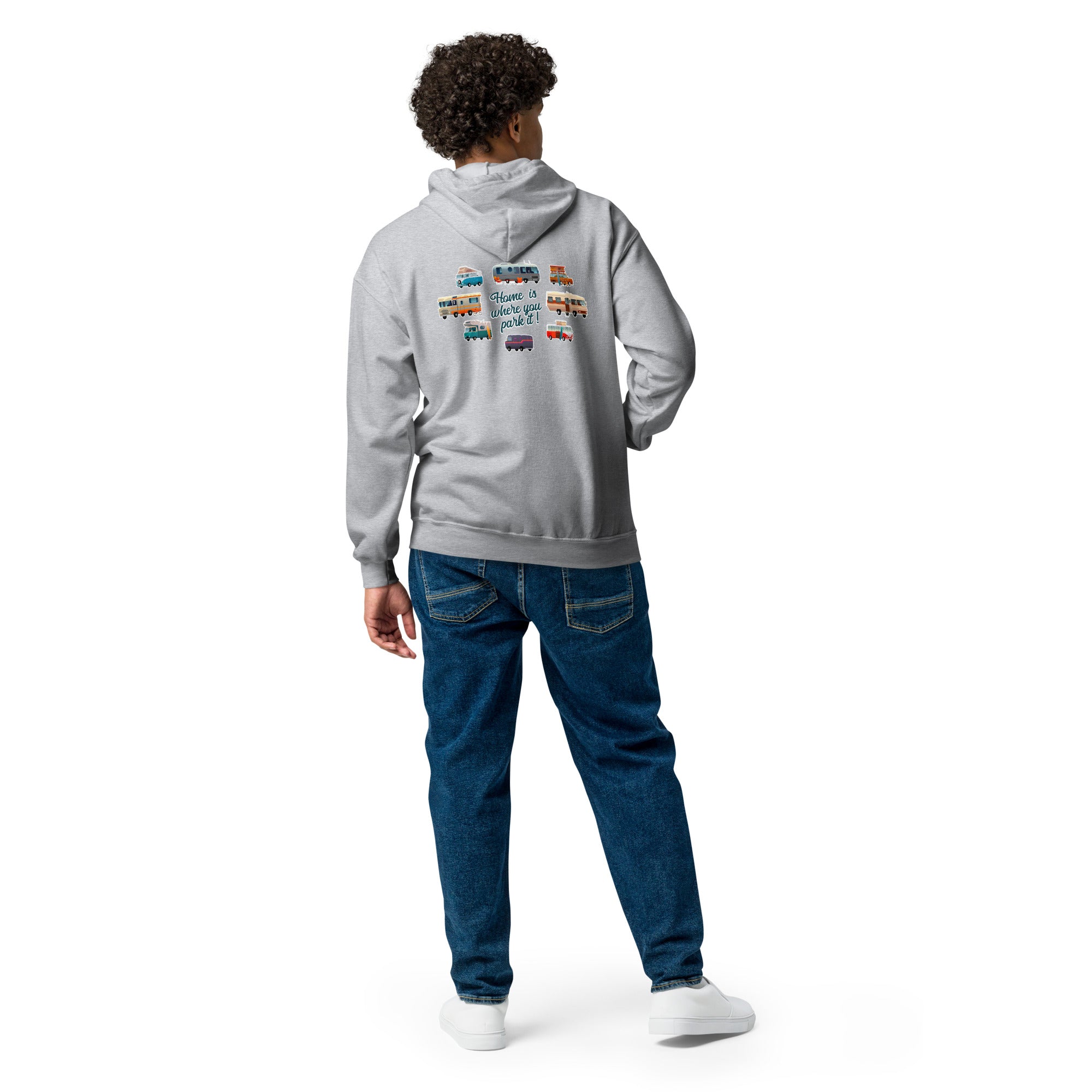 Unisex heavy blend zip hoodie Square Vintage Campers Home is where you park it navy embroidered pattern