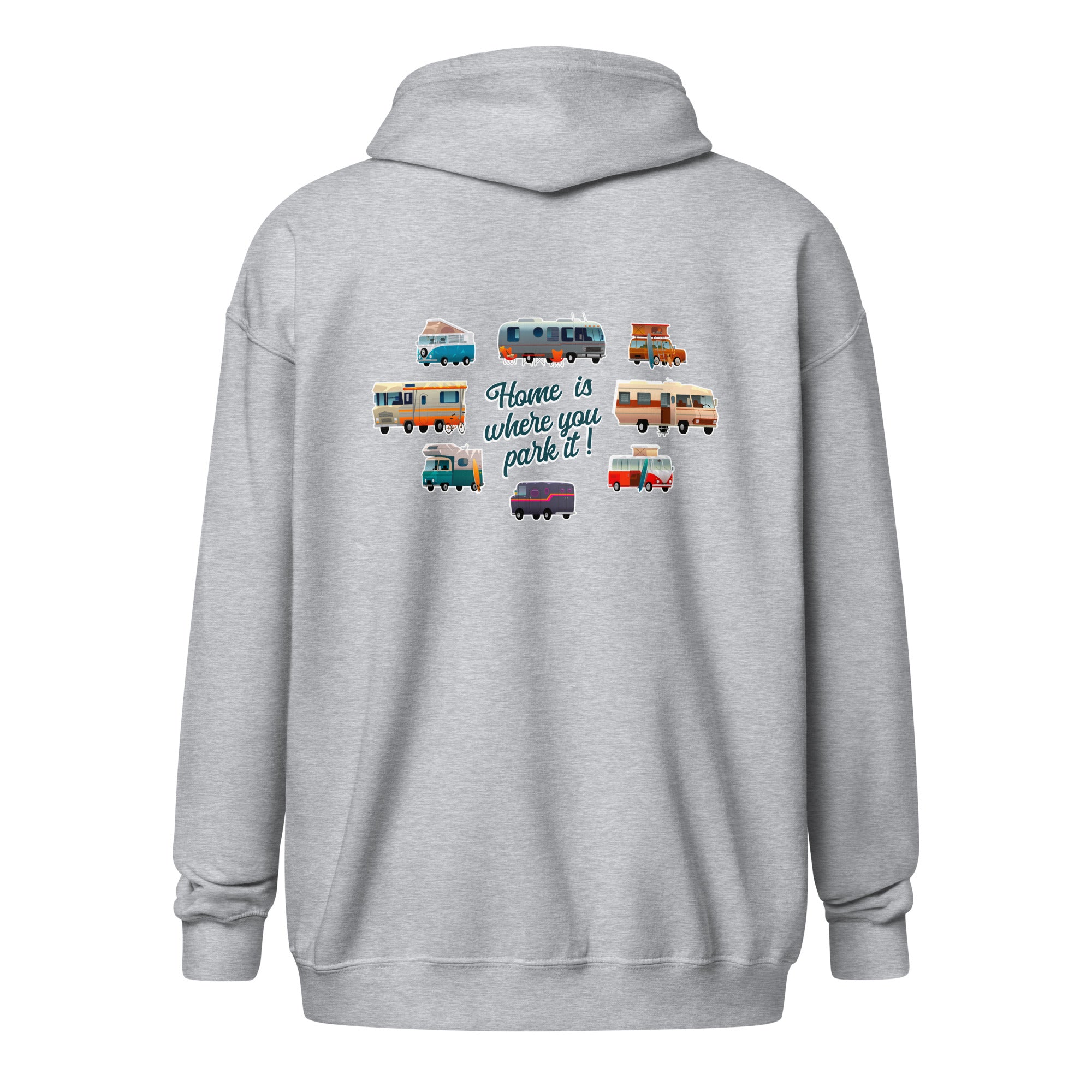 Unisex heavy blend zip hoodie Square Vintage Campers Home is where you park it navy embroidered pattern