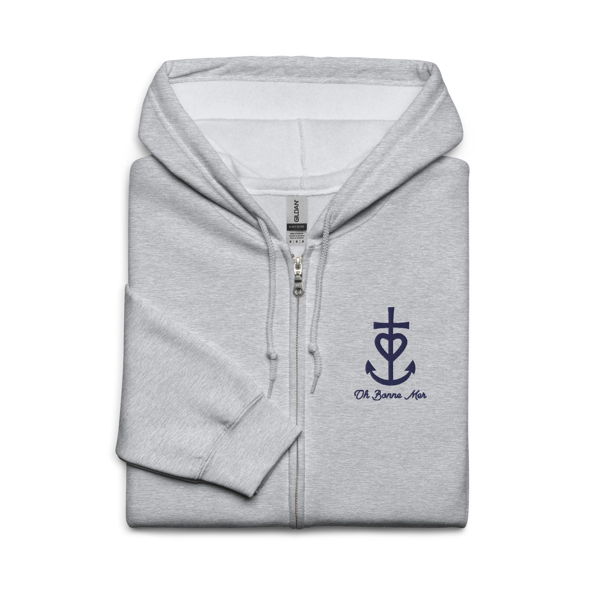 Unisex heavy blend zip hoodie Croix de Camargue Oh Bonne mer Navy embroidered pattern