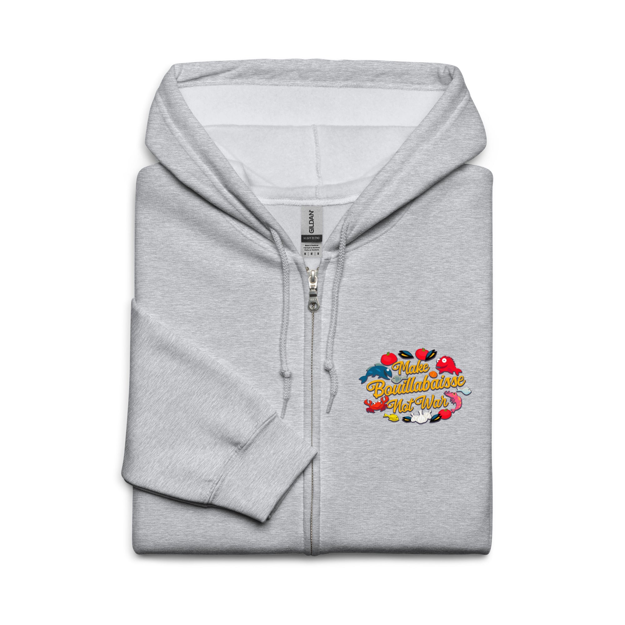Unisex heavy blend zip hoodie Make Bouillabaisse Not War (Front & Back)