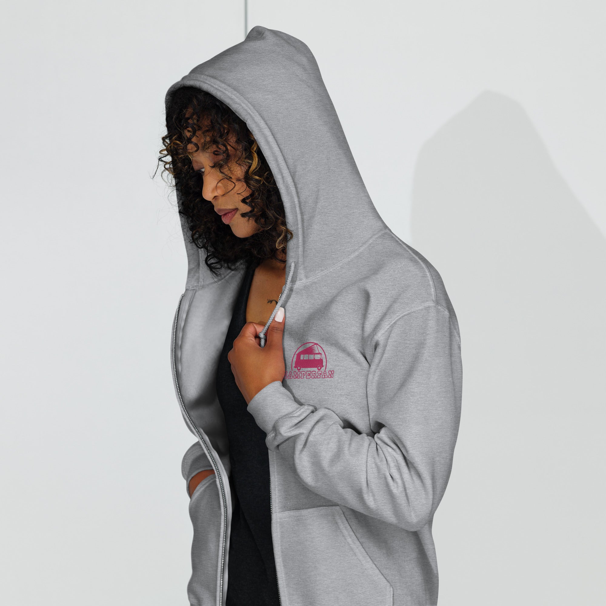 Unisex heavy blend zip hoodie Camperfan flamingo embroidered pattern