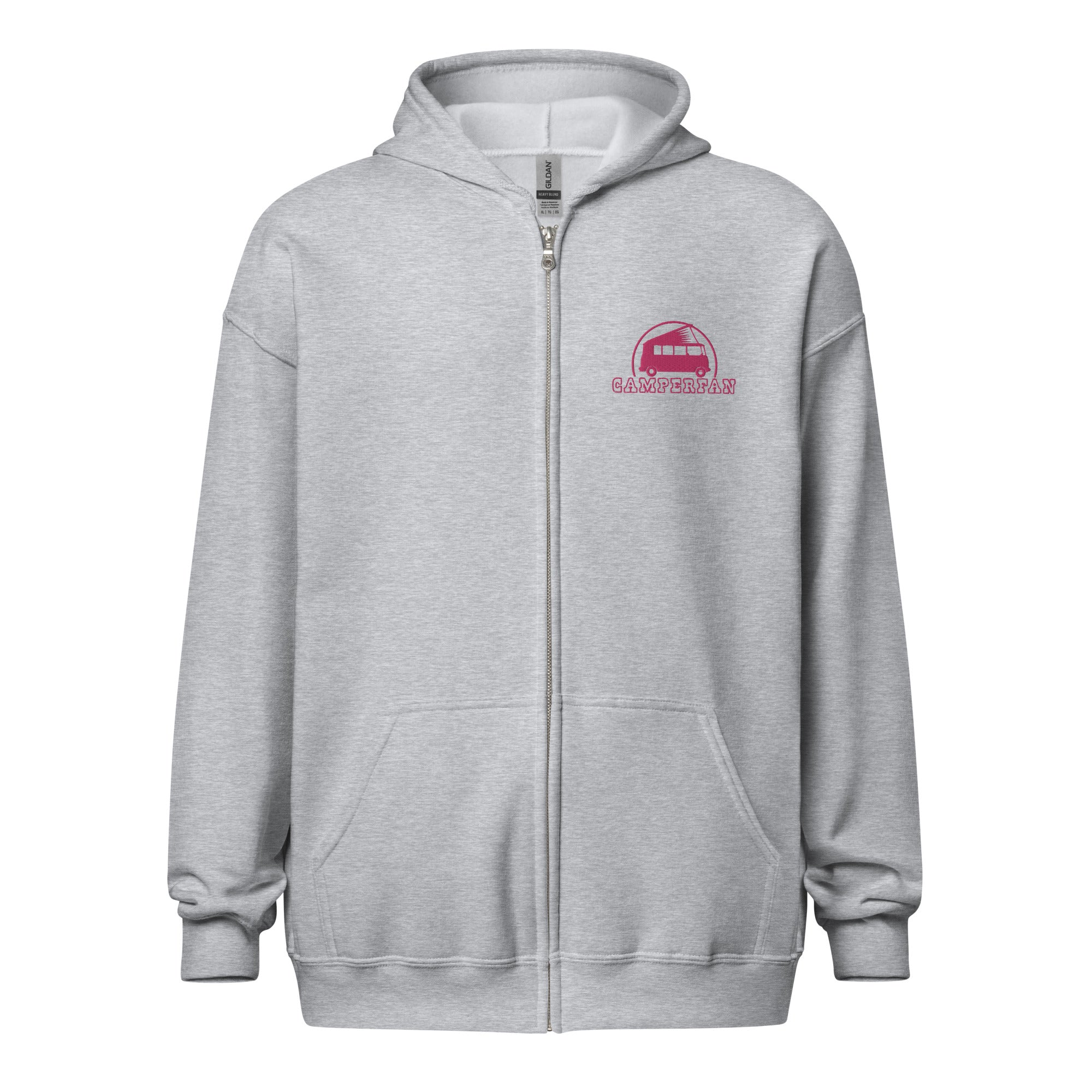 Unisex heavy blend zip hoodie Camperfan flamingo embroidered pattern