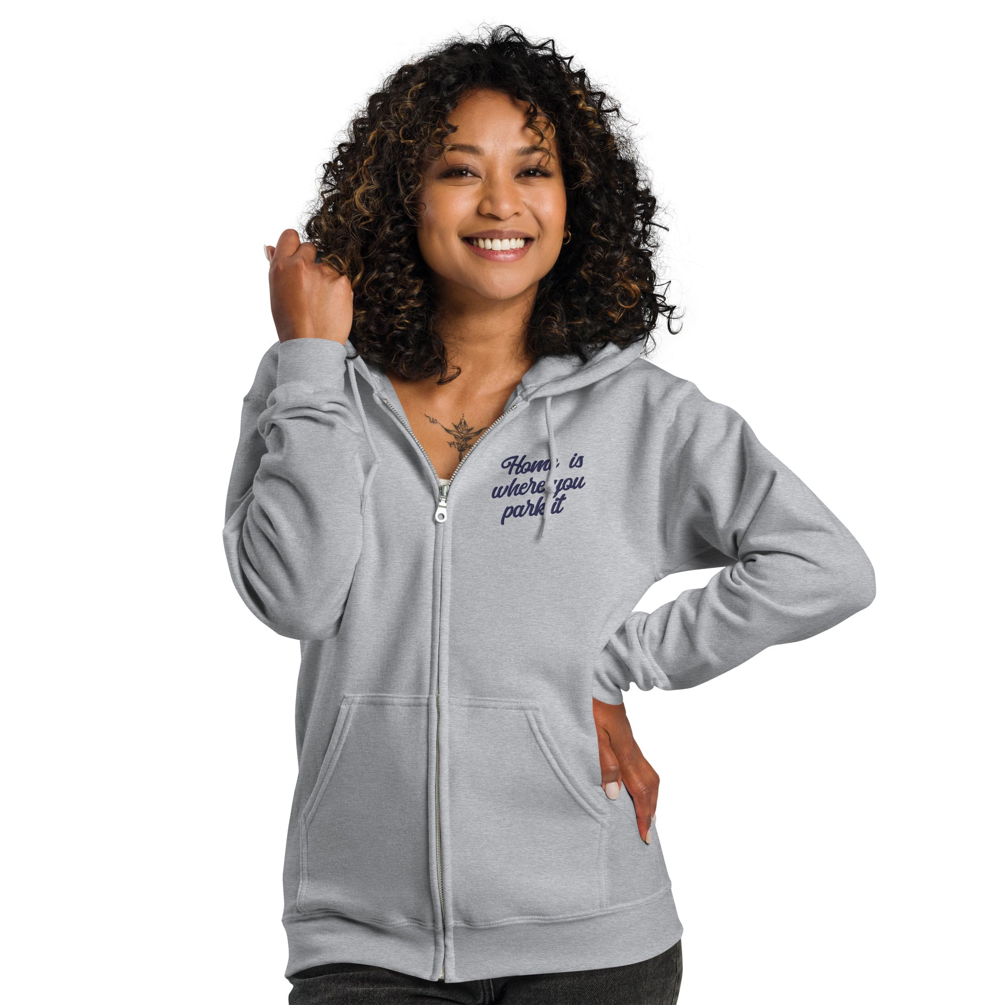 Unisex heavy blend zip hoodie Square Vintage Campers Home is where you park it navy embroidered pattern