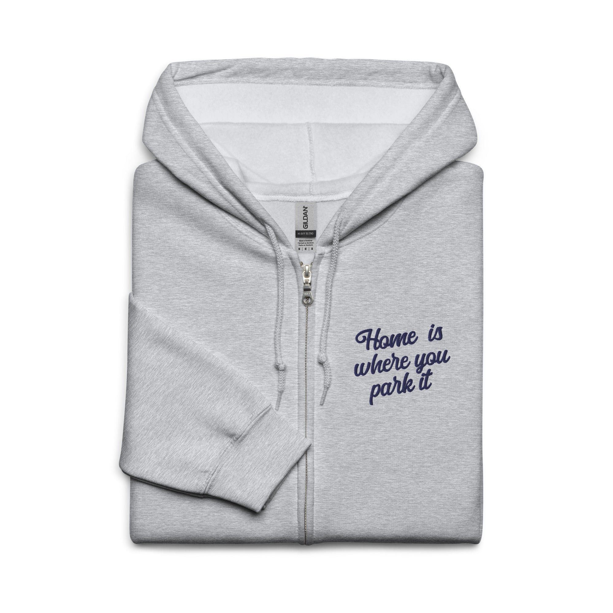 Unisex heavy blend zip hoodie Square Vintage Campers Home is where you park it navy embroidered pattern