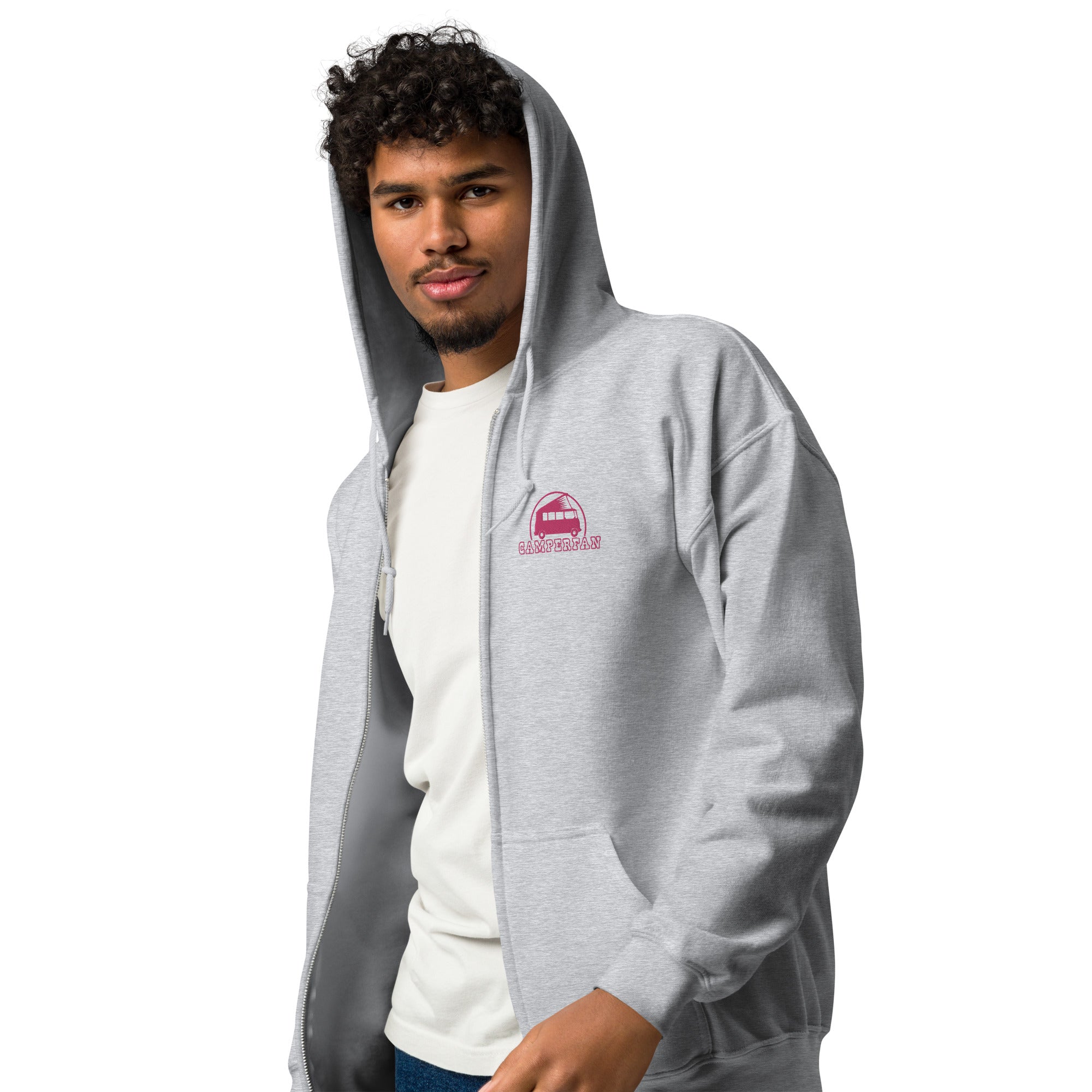 Unisex heavy blend zip hoodie Camperfan flamingo embroidered pattern