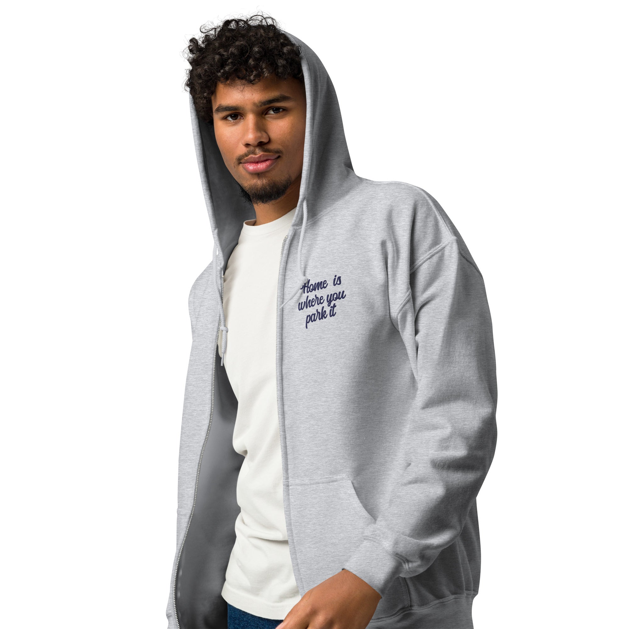 Unisex heavy blend zip hoodie Square Vintage Campers Home is where you park it navy embroidered pattern