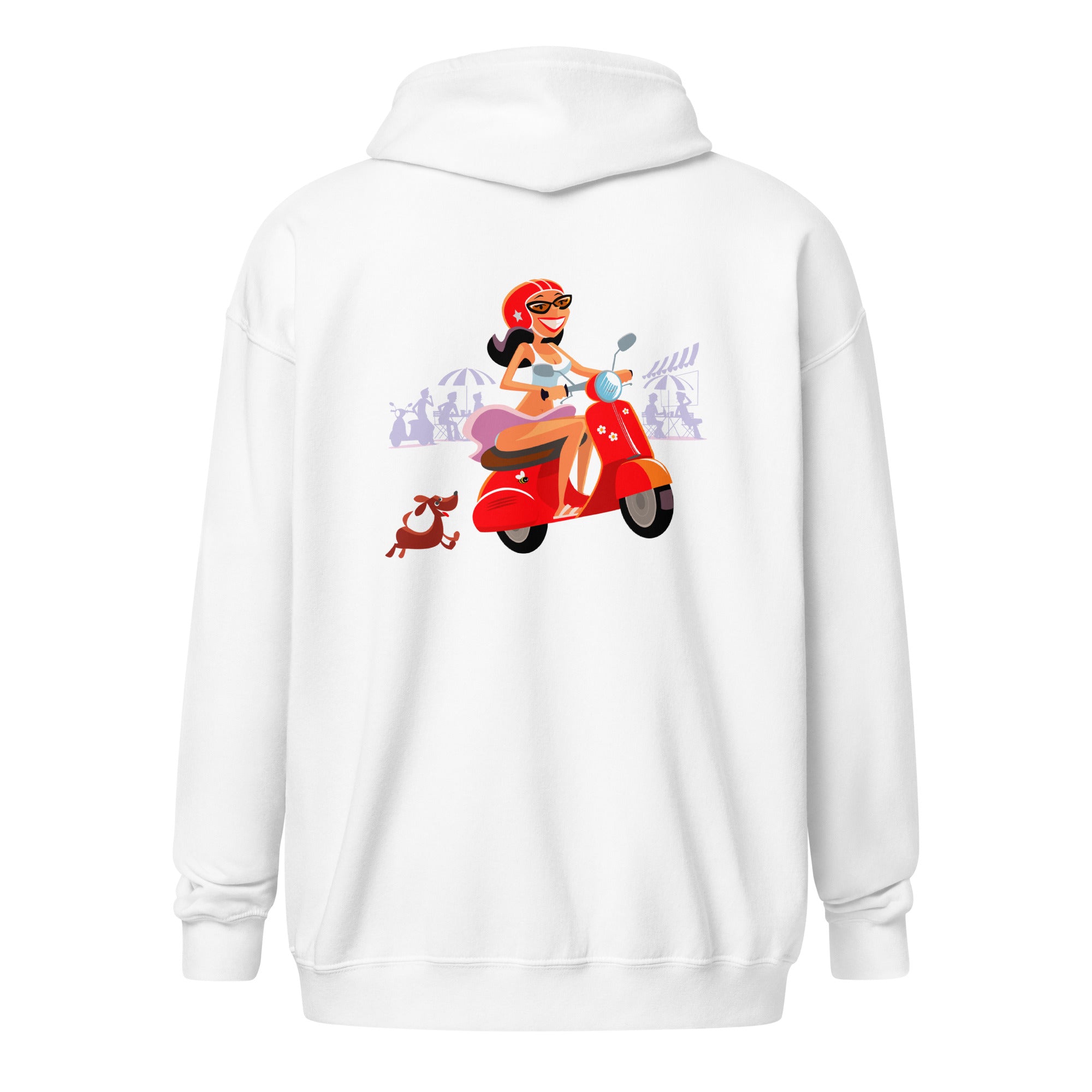 Sweat à capuche épais unisexe à fermeture éclair Vespa Girl in St Tropez (face & dos)