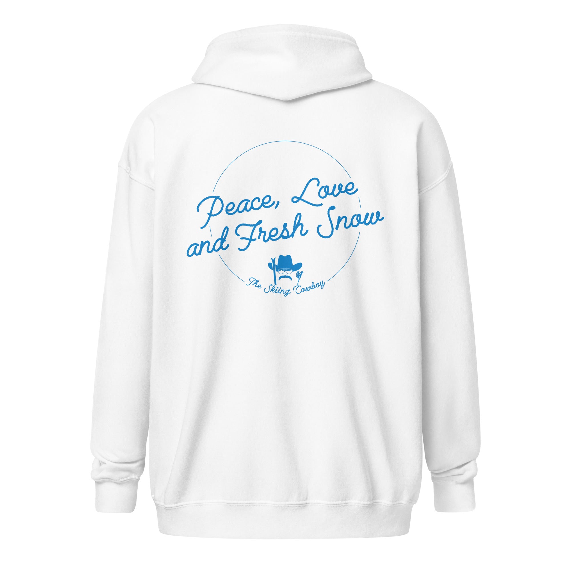 Sweat à capuche épais unisexe à fermeture éclair Peace, Love and Fresh Snow (face & dos)