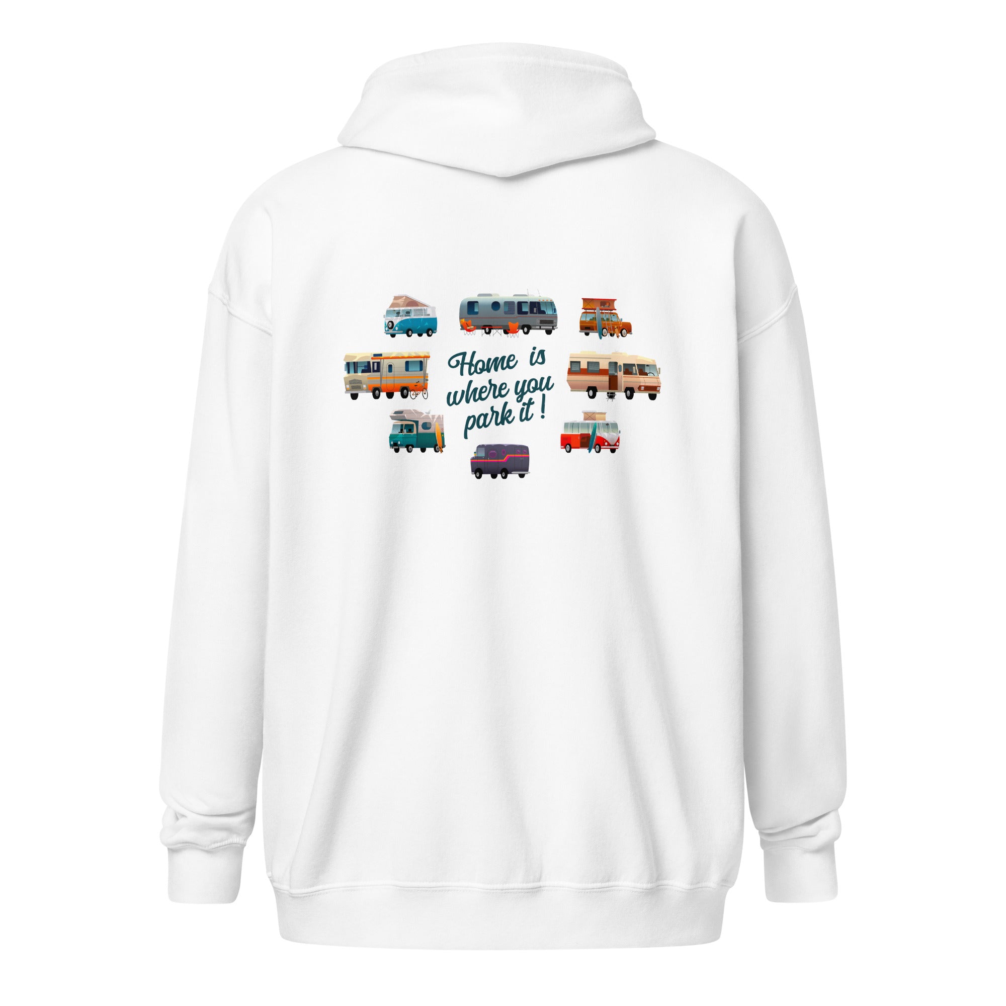 Unisex heavy blend zip hoodie Square Vintage Campers Home is where you park it navy embroidered pattern