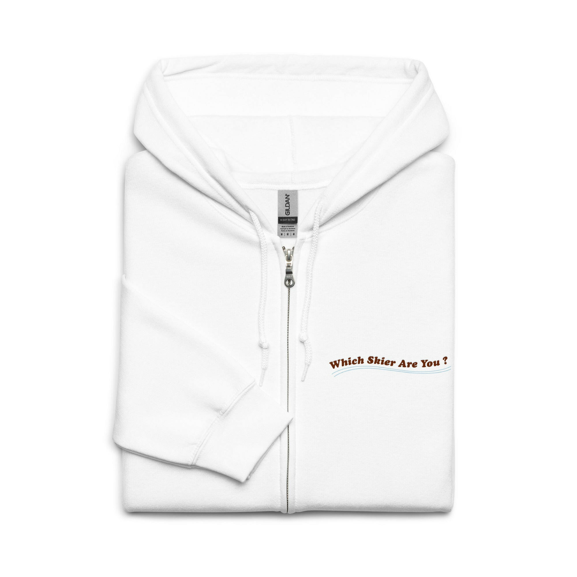 Sweat à capuche épais unisexe à fermeture éclair Which skier are you? Acrobatic skier sur fond blanc (face & dos)