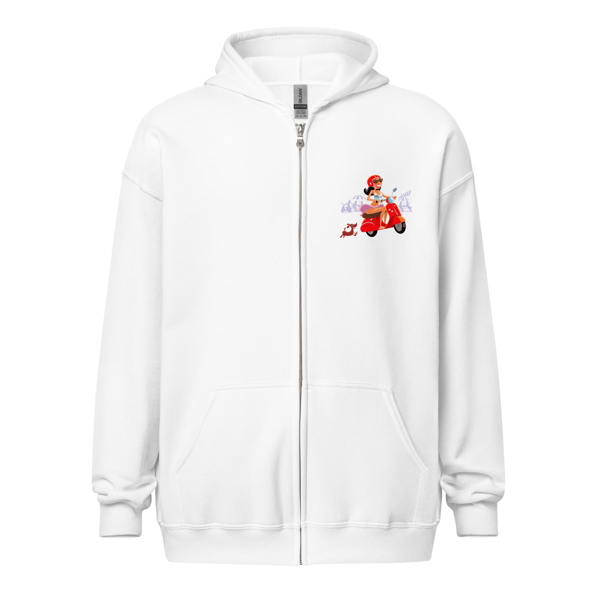 Sweat à capuche épais unisexe à fermeture éclair Vespa Girl in St Tropez (face & dos)