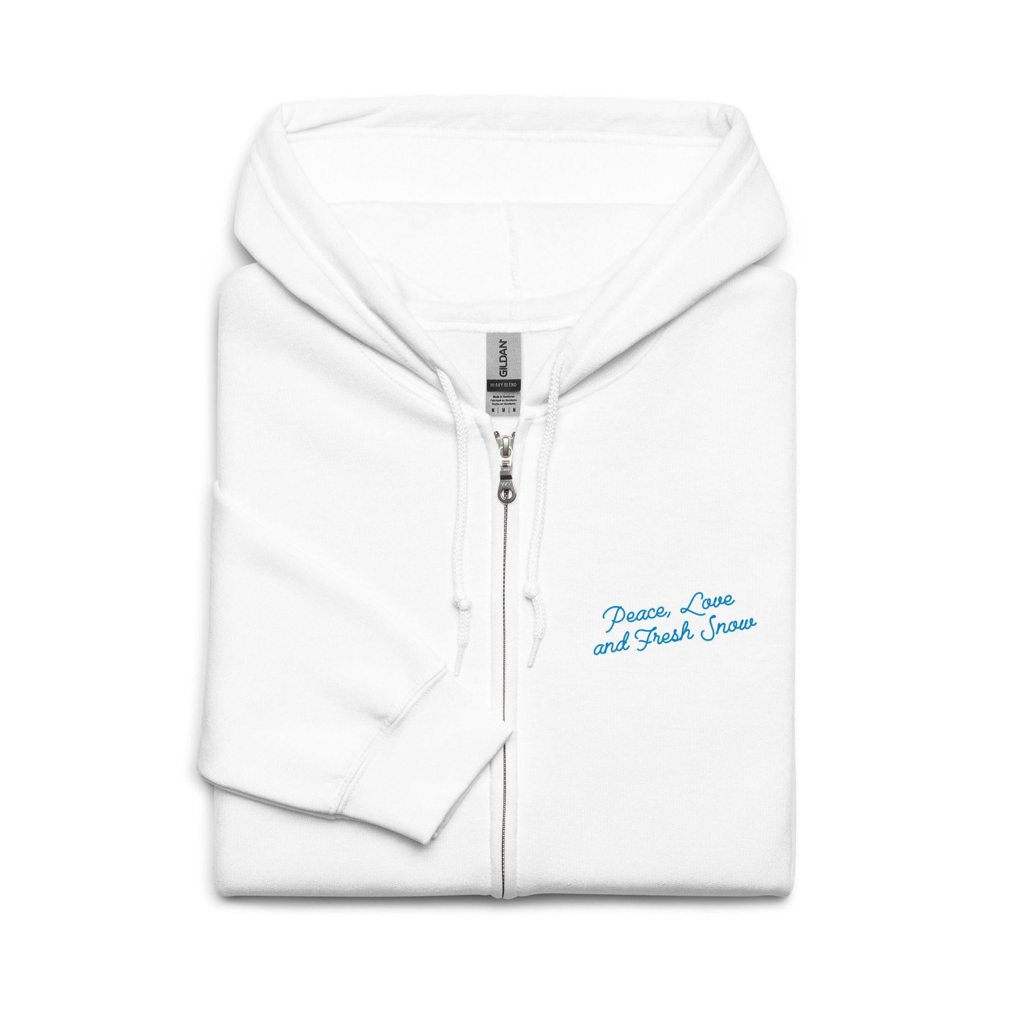 Sweat à capuche épais unisexe à fermeture éclair Peace, Love and Fresh Snow (face & dos)