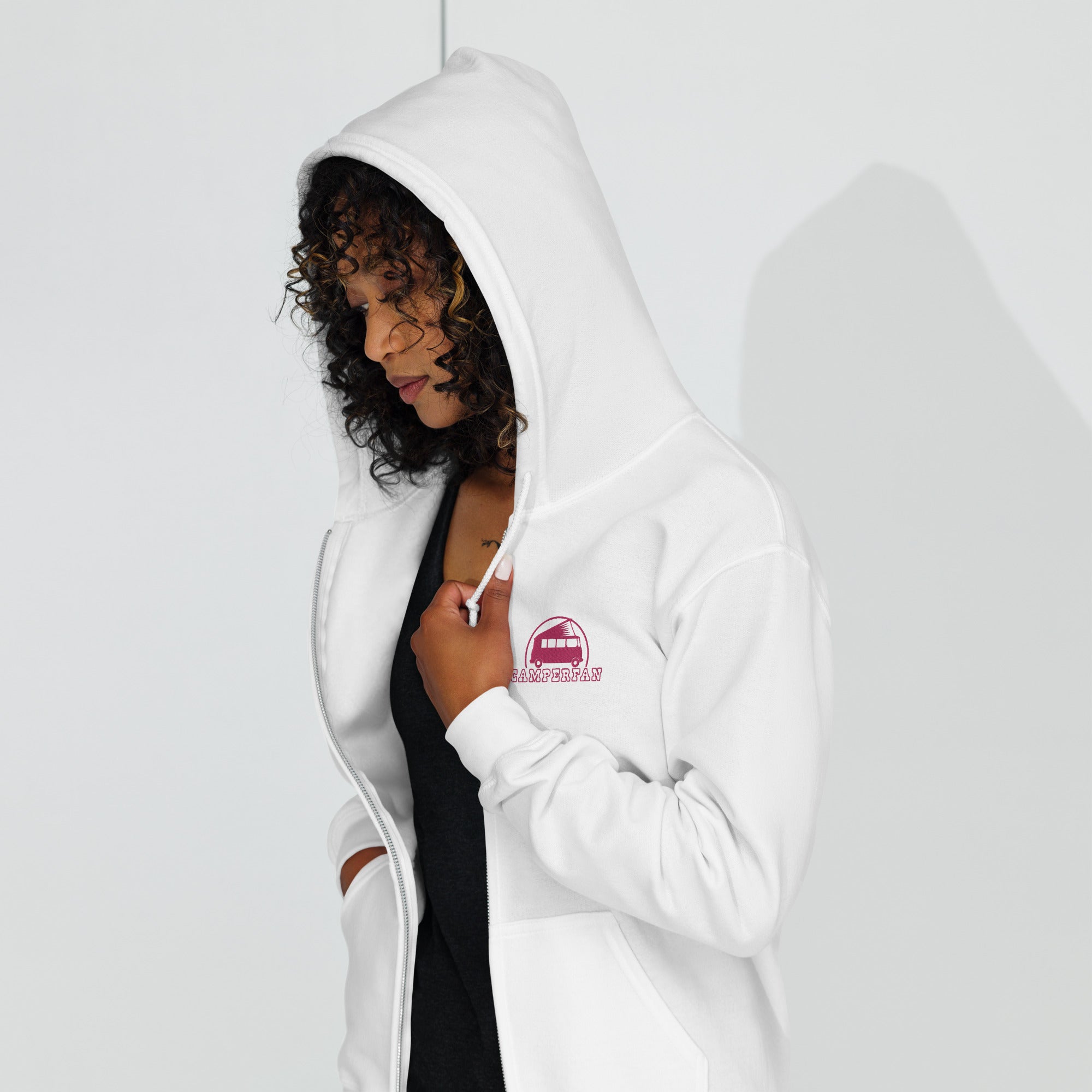 Unisex heavy blend zip hoodie Camperfan flamingo embroidered pattern