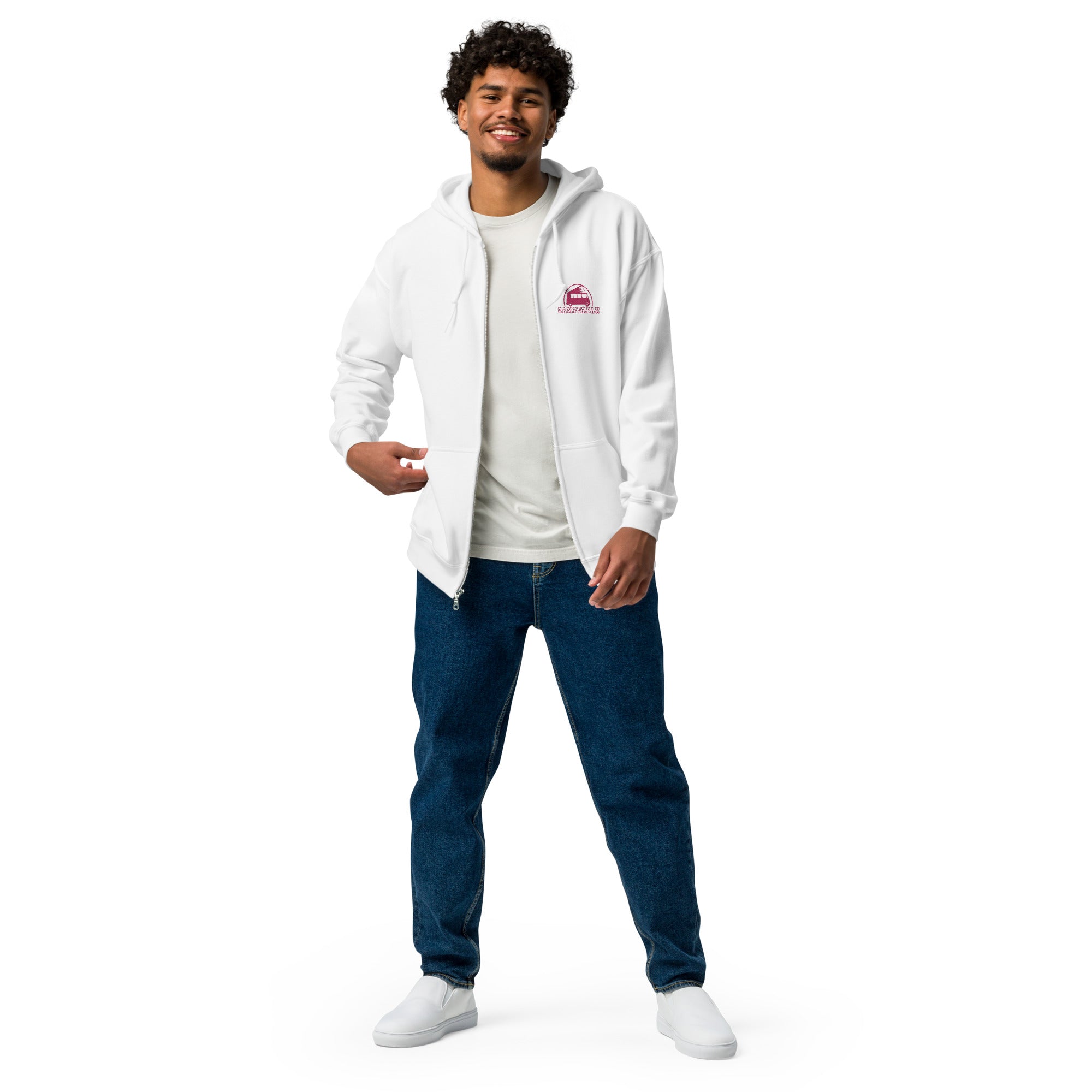 Unisex heavy blend zip hoodie Camperfan flamingo embroidered pattern