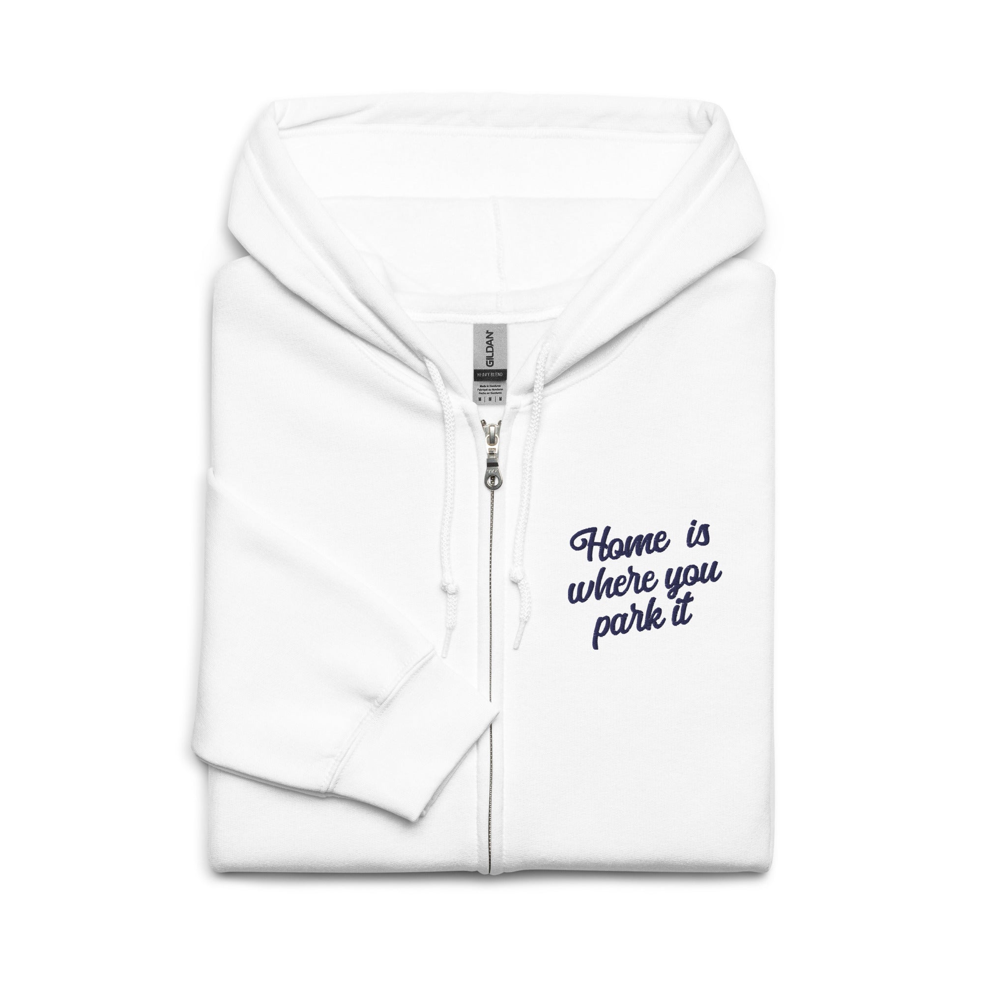 Unisex heavy blend zip hoodie Square Vintage Campers Home is where you park it navy embroidered pattern