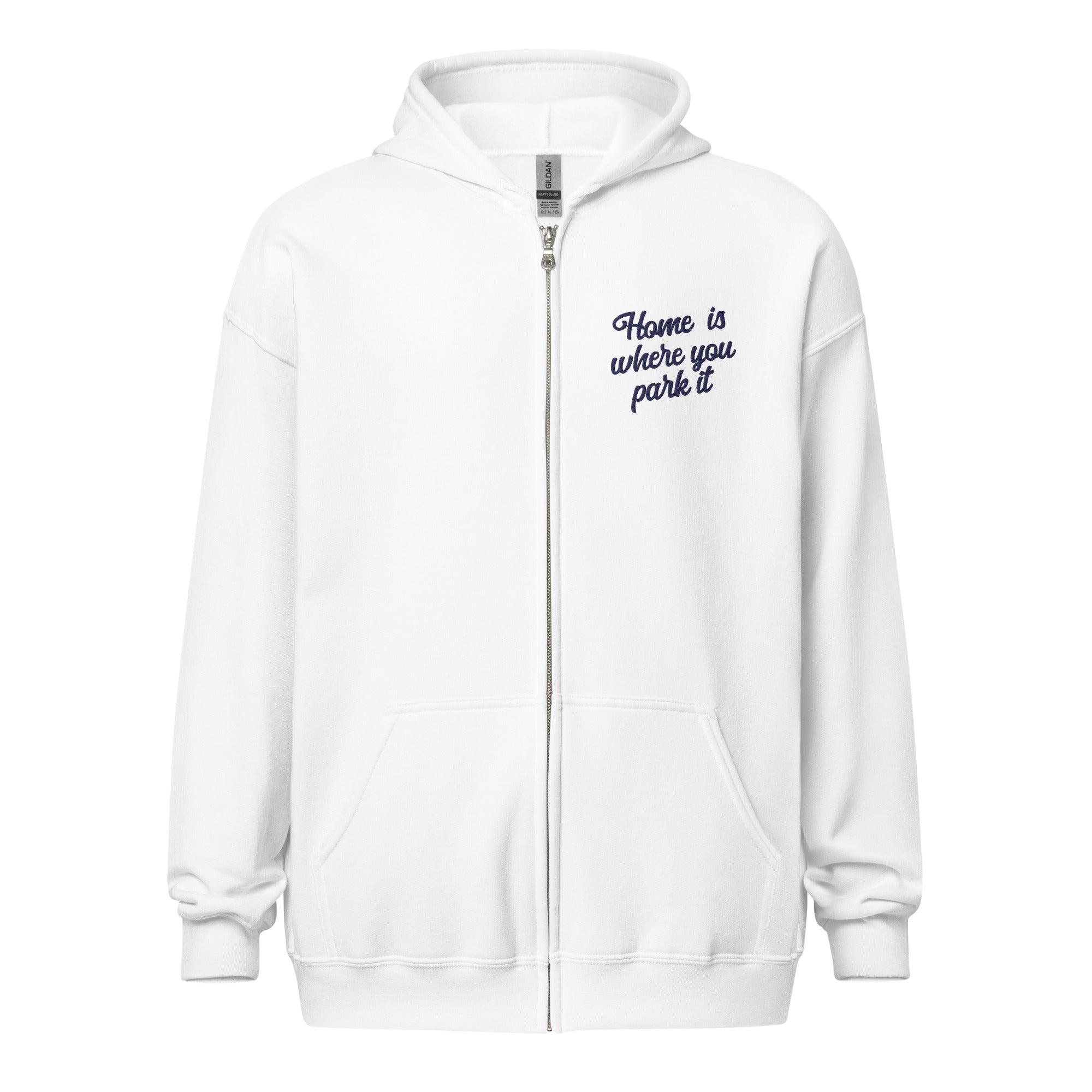 Unisex heavy blend zip hoodie Square Vintage Campers Home is where you park it navy embroidered pattern