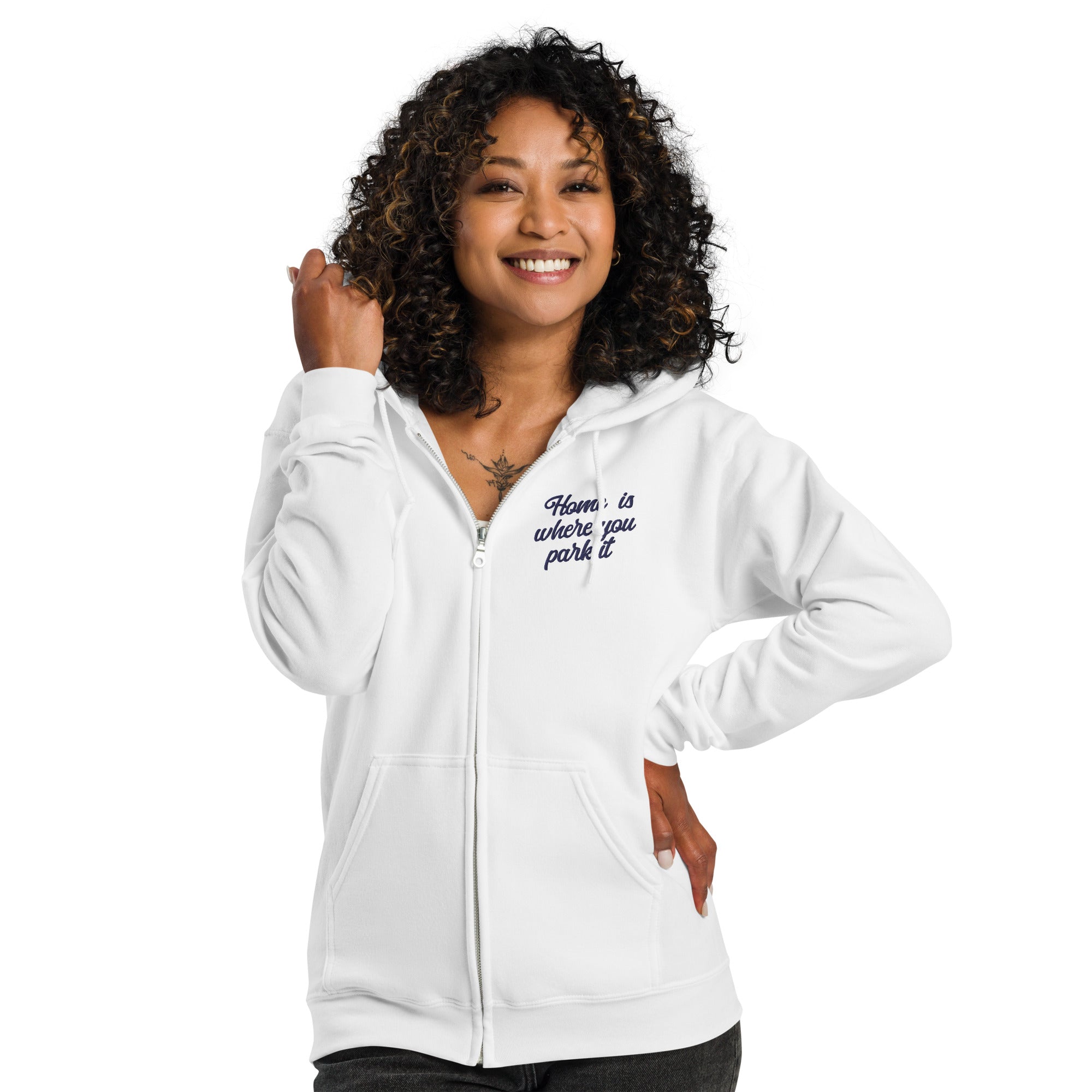 Unisex heavy blend zip hoodie Square Vintage Campers Home is where you park it navy embroidered pattern