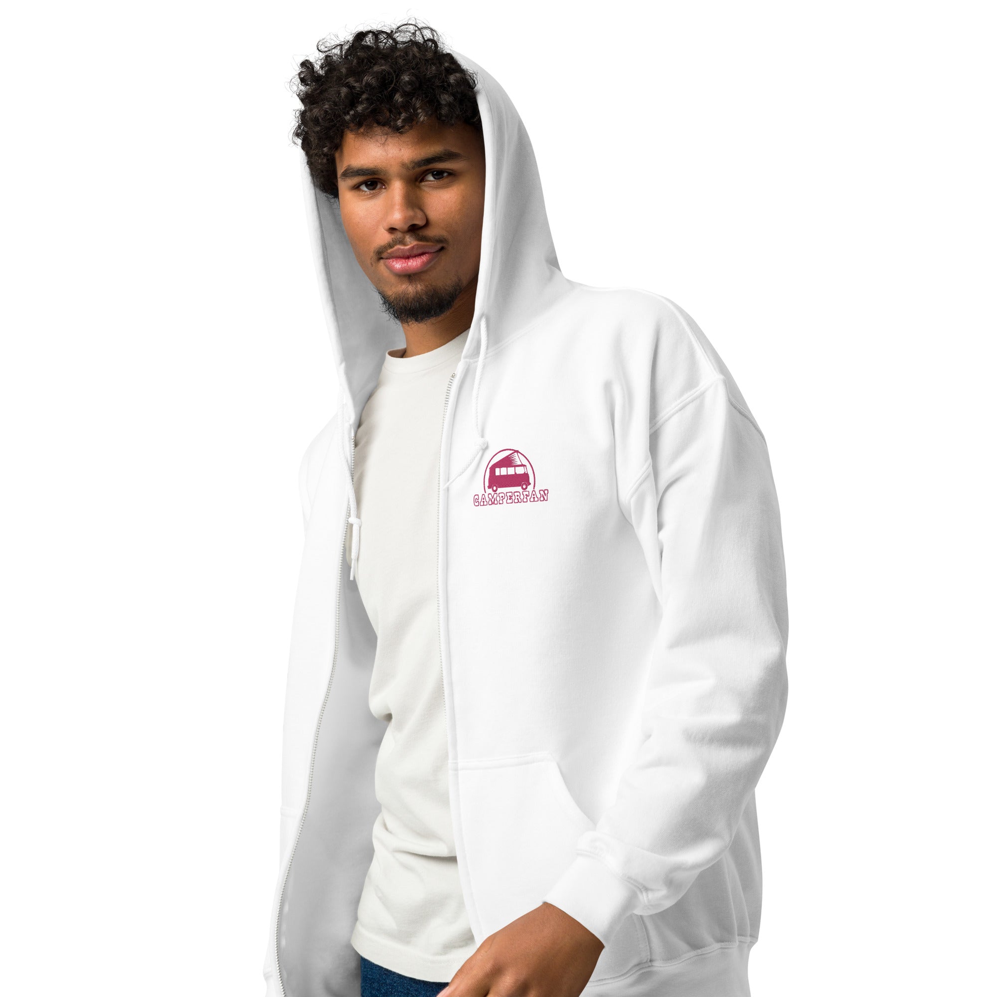 Unisex heavy blend zip hoodie Camperfan flamingo embroidered pattern
