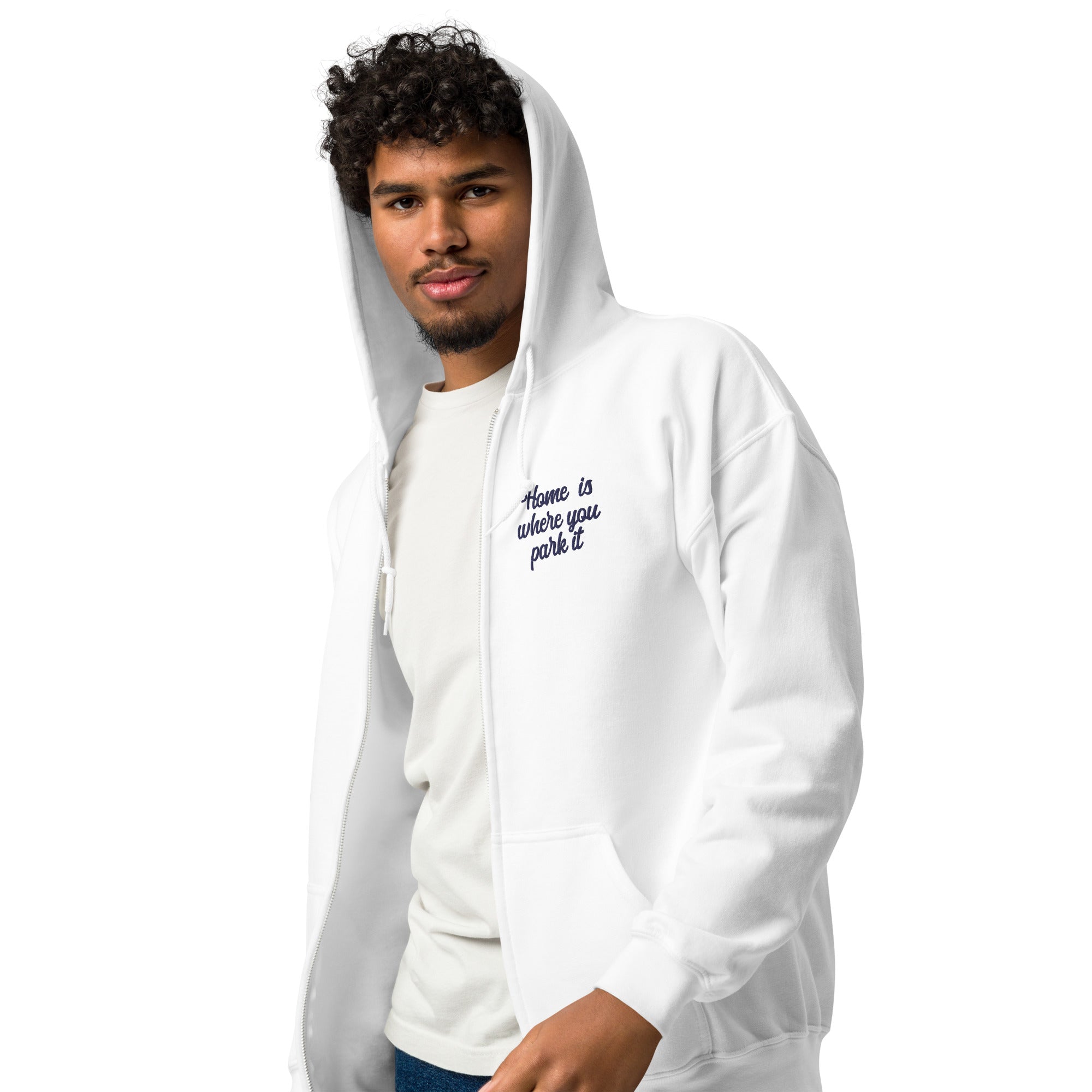 Unisex heavy blend zip hoodie Square Vintage Campers Home is where you park it navy embroidered pattern