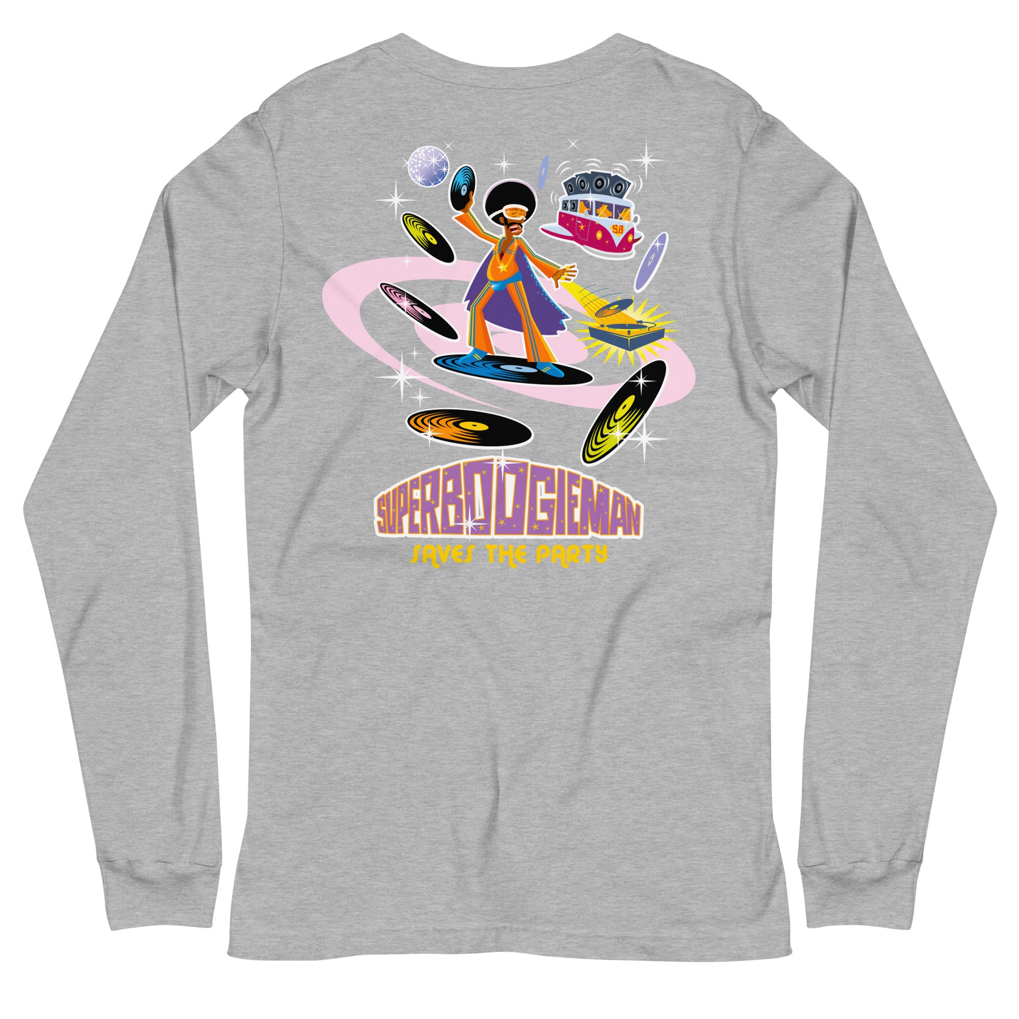 Unisex Long Sleeve Tee Superboogieman Saves the Party (front & back) on heather colors