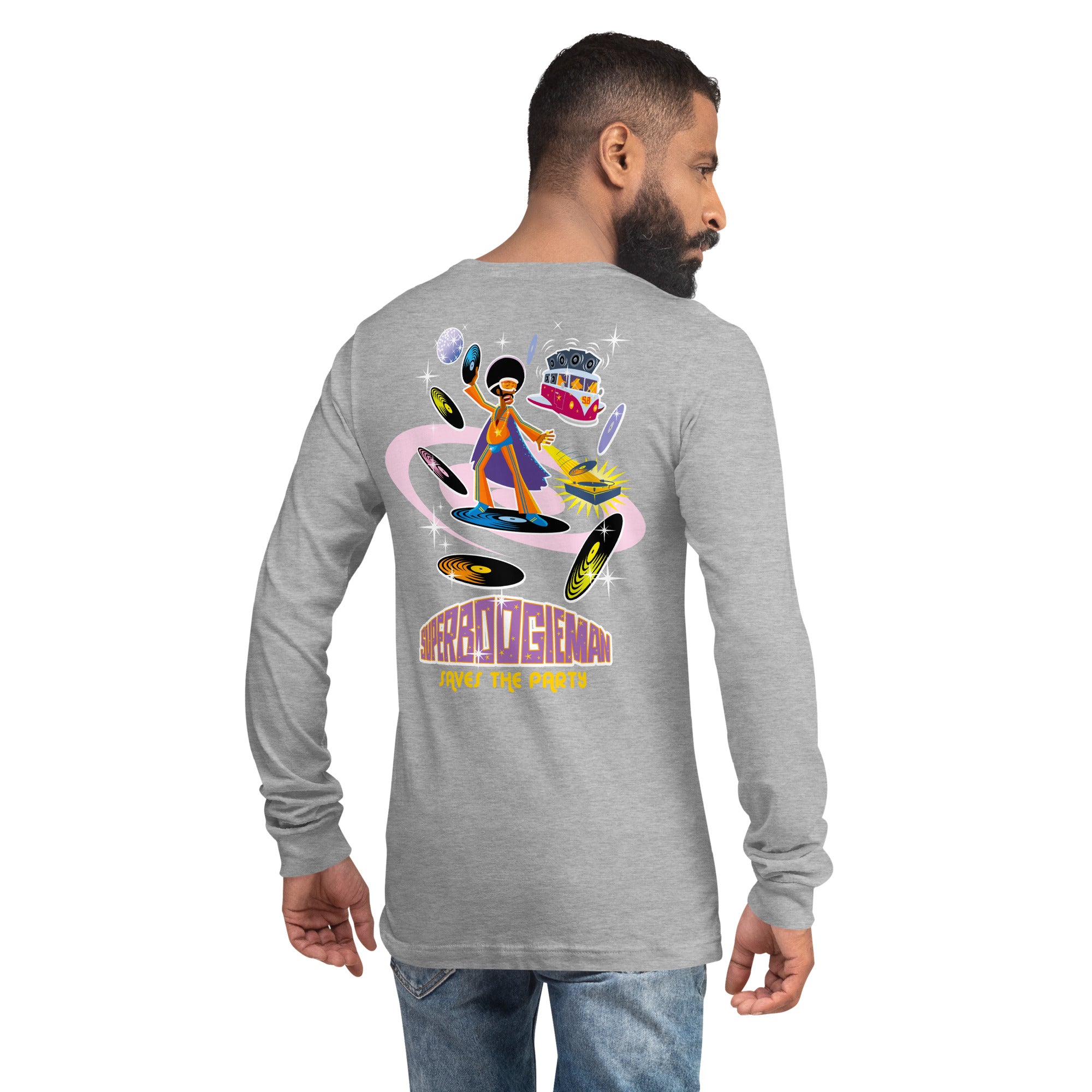 Unisex Long Sleeve Tee Superboogieman Saves the Party (front & back) on heather colors